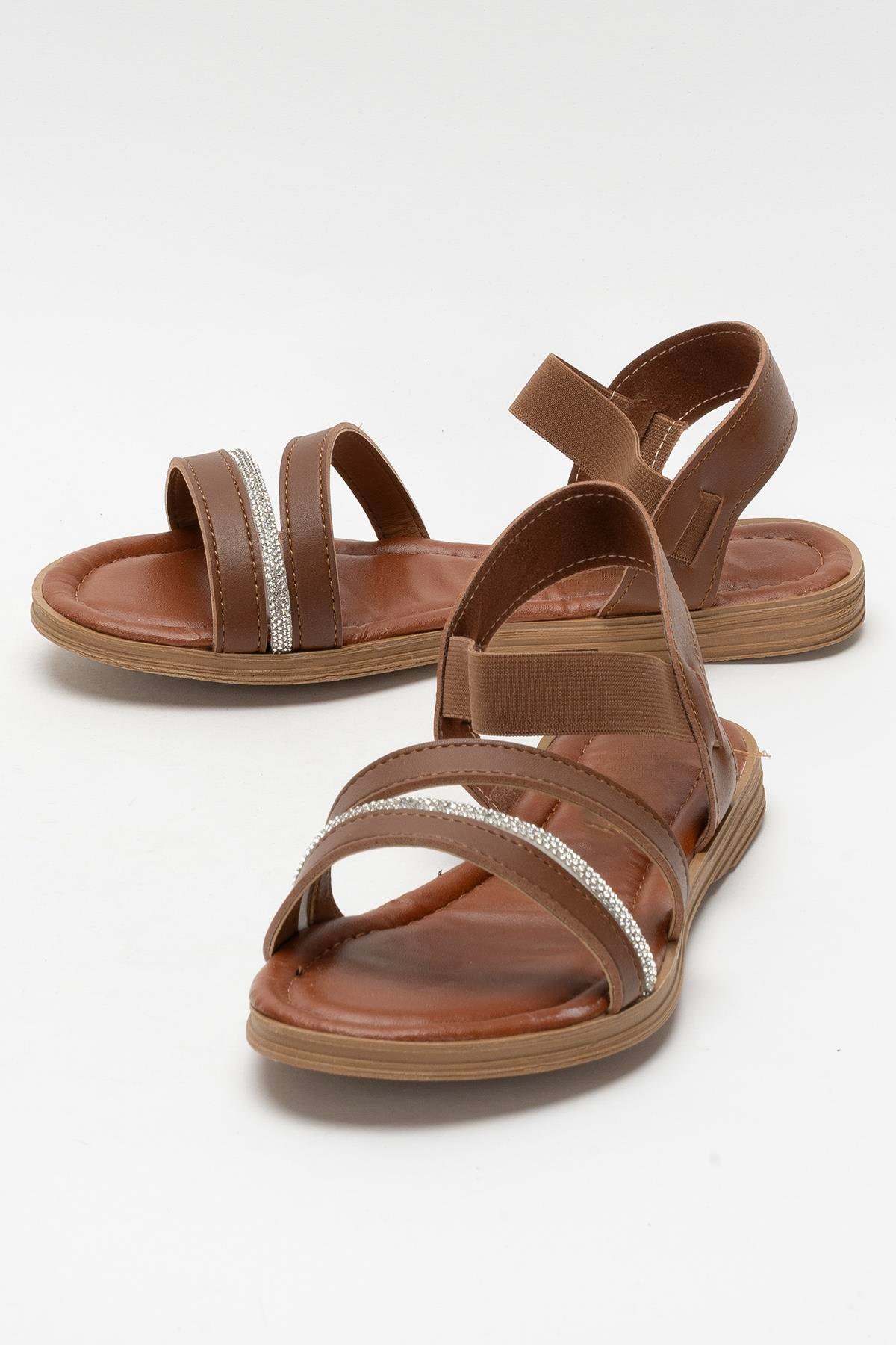 Kadın Taş Bantlı Sandalet Ayakkabı TABA - Görsel 6
