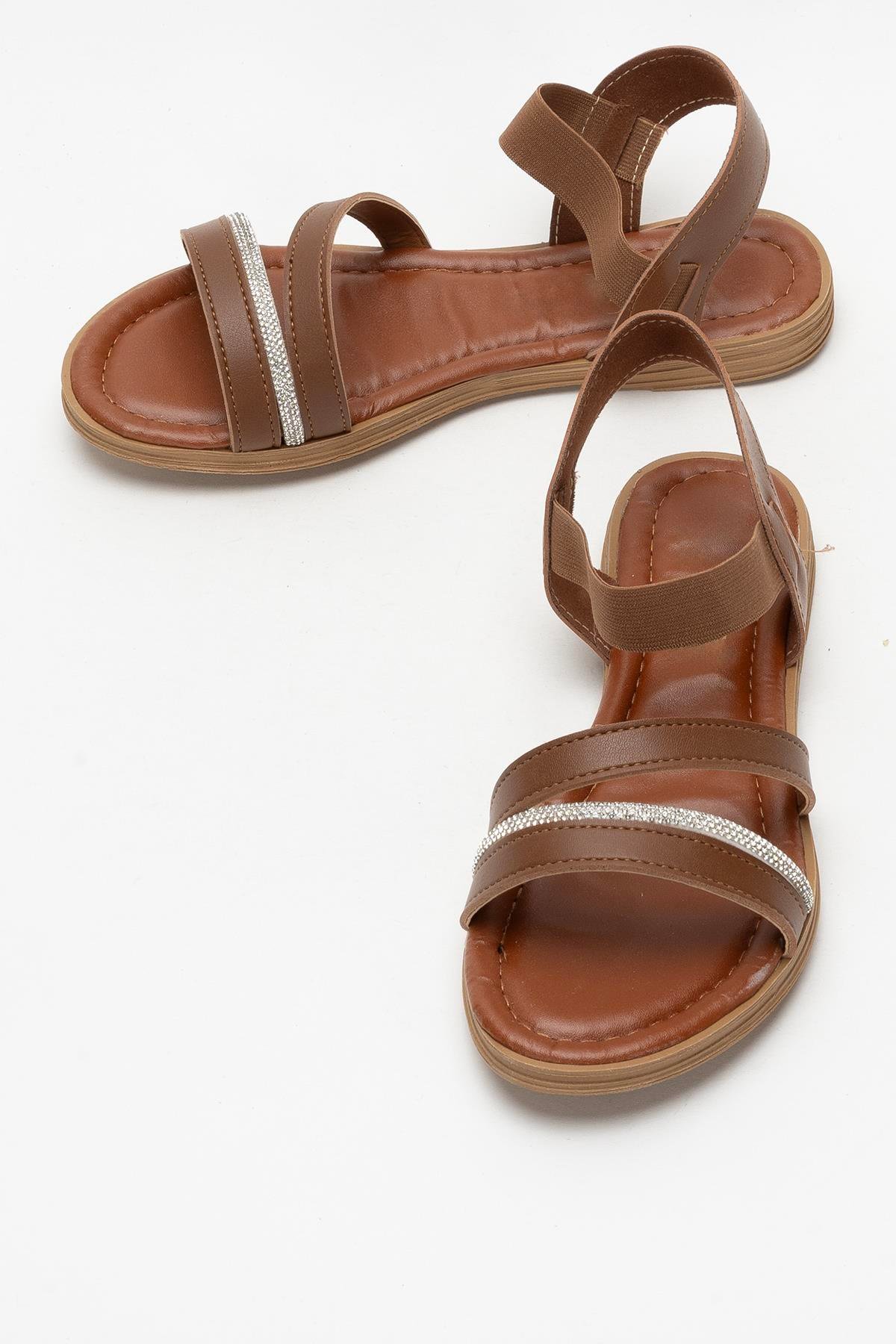 Kadın Taş Bantlı Sandalet Ayakkabı TABA - Görsel 8