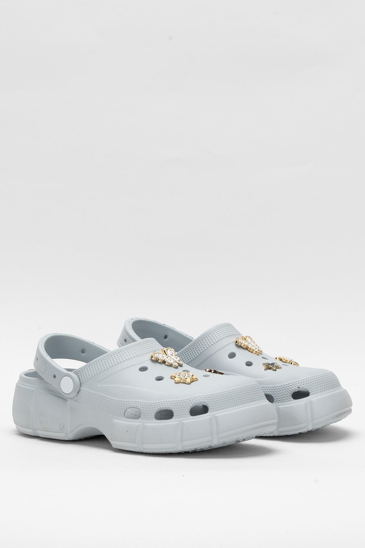 Yüksek Taban Taşlı Rahat Comfort Kadın Sandalet GRİ - Görsel 4
