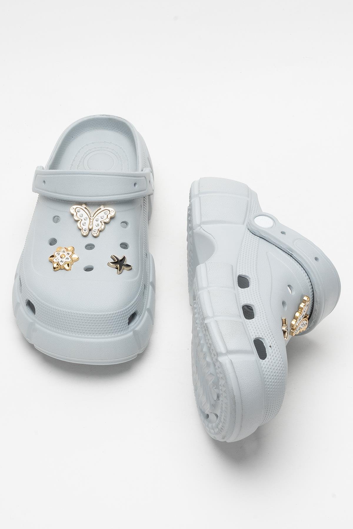 Yüksek Taban Taşlı Rahat Comfort Kadın Sandalet GRİ - Görsel 8