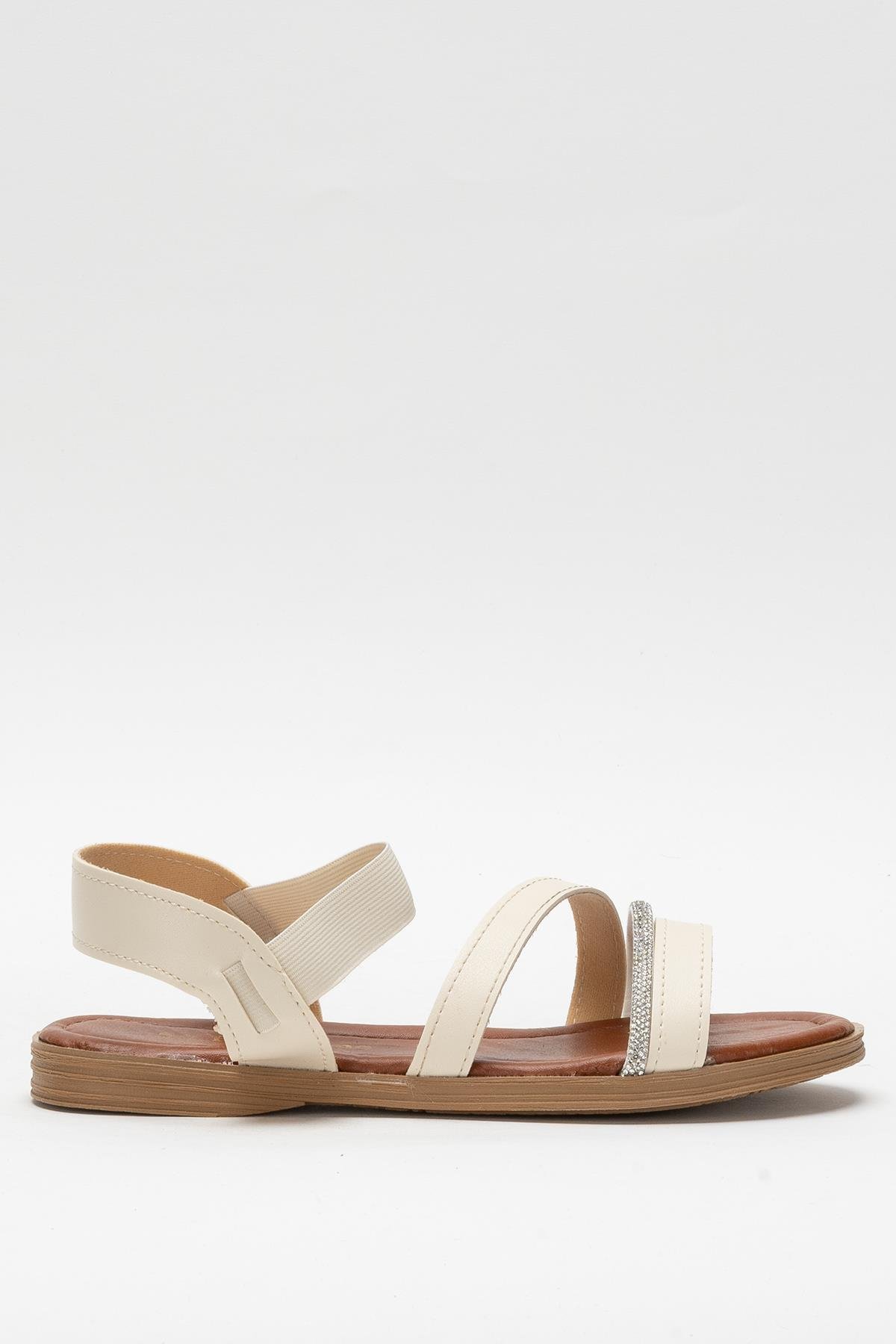 Kadın Taş Bantlı Sandalet Ayakkabı KREM - Görsel 2