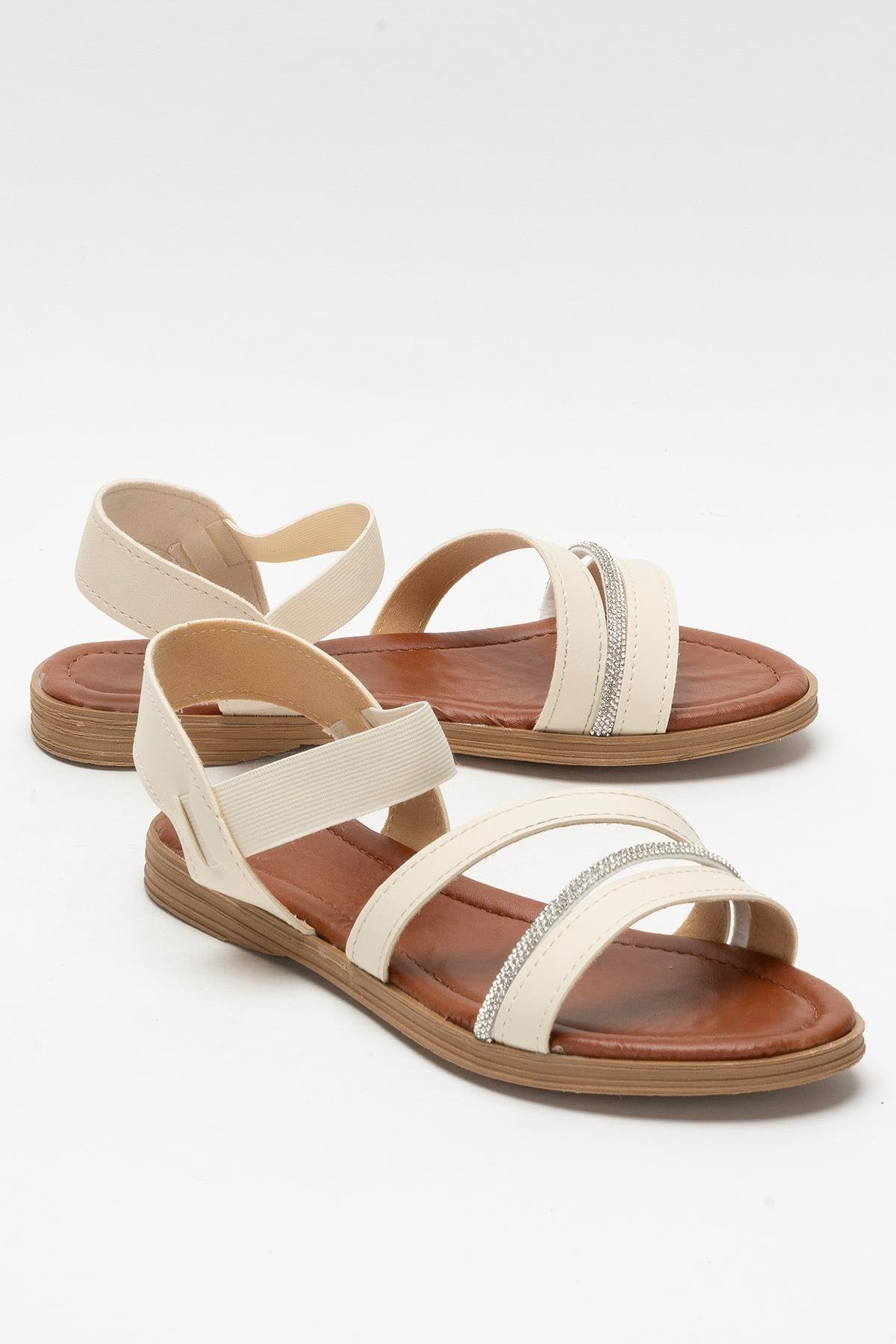 Kadın Taş Bantlı Sandalet Ayakkabı KREM - Görsel 3
