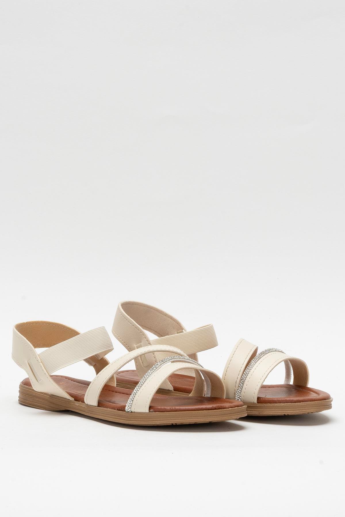 Kadın Taş Bantlı Sandalet Ayakkabı KREM - Görsel 4