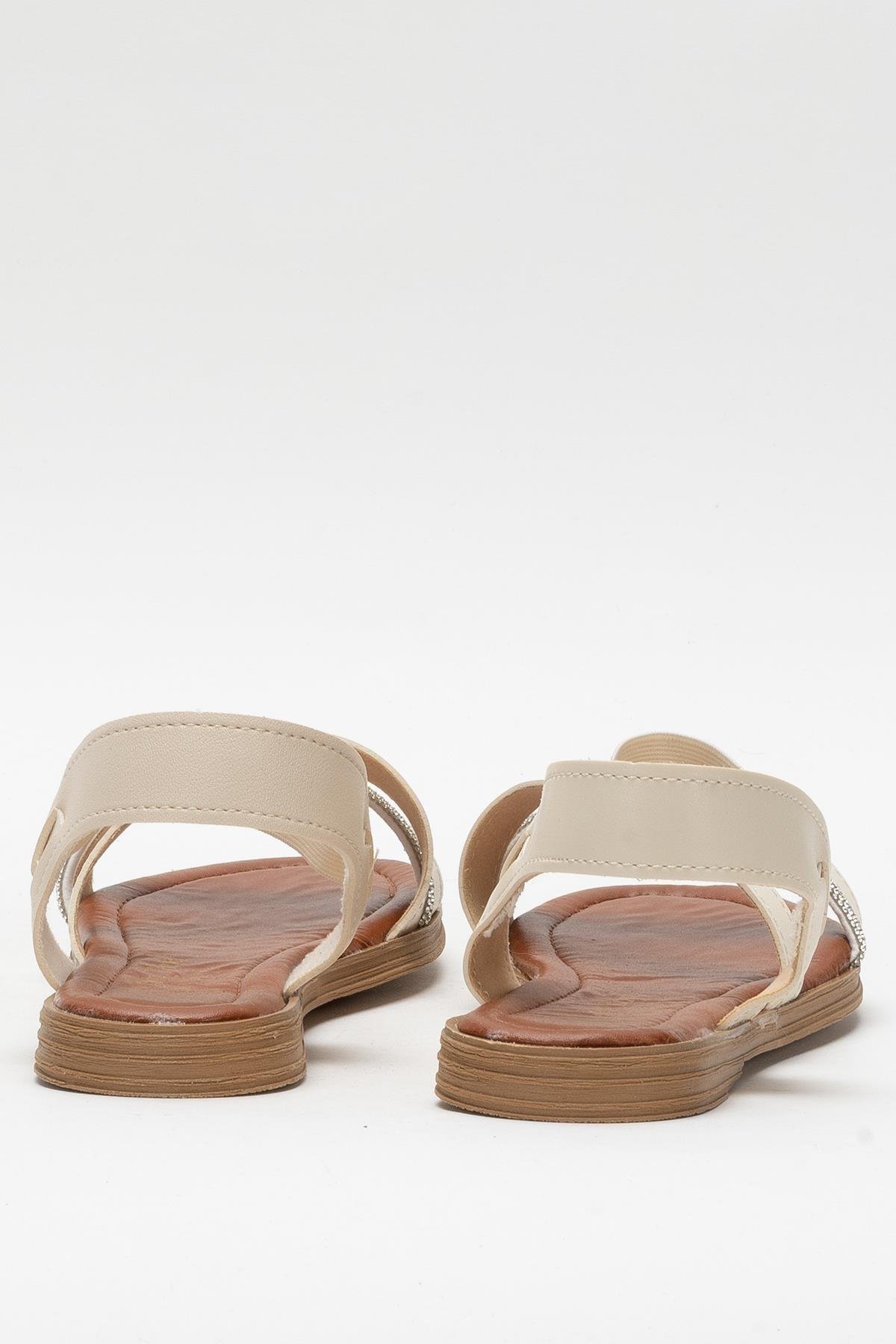 Kadın Taş Bantlı Sandalet Ayakkabı KREM - Görsel 5