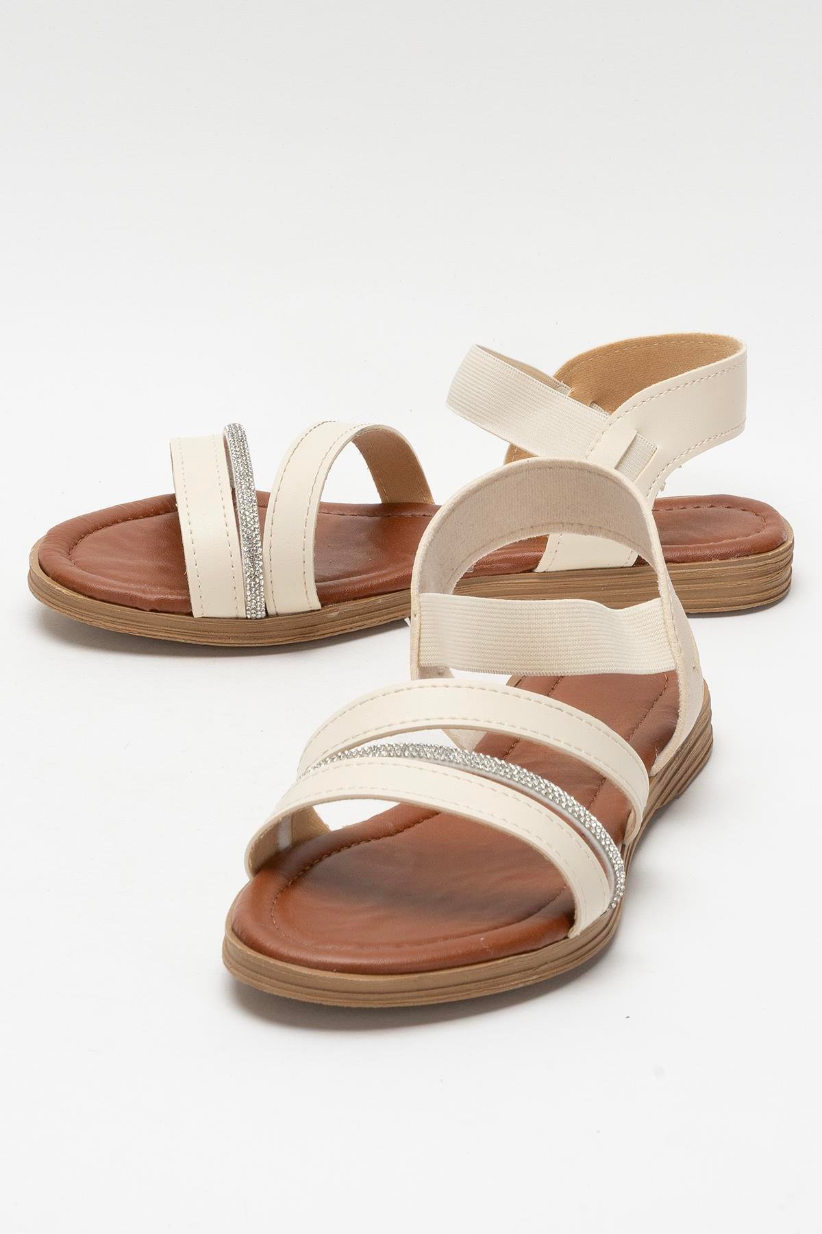 Kadın Taş Bantlı Sandalet Ayakkabı KREM - Görsel 6
