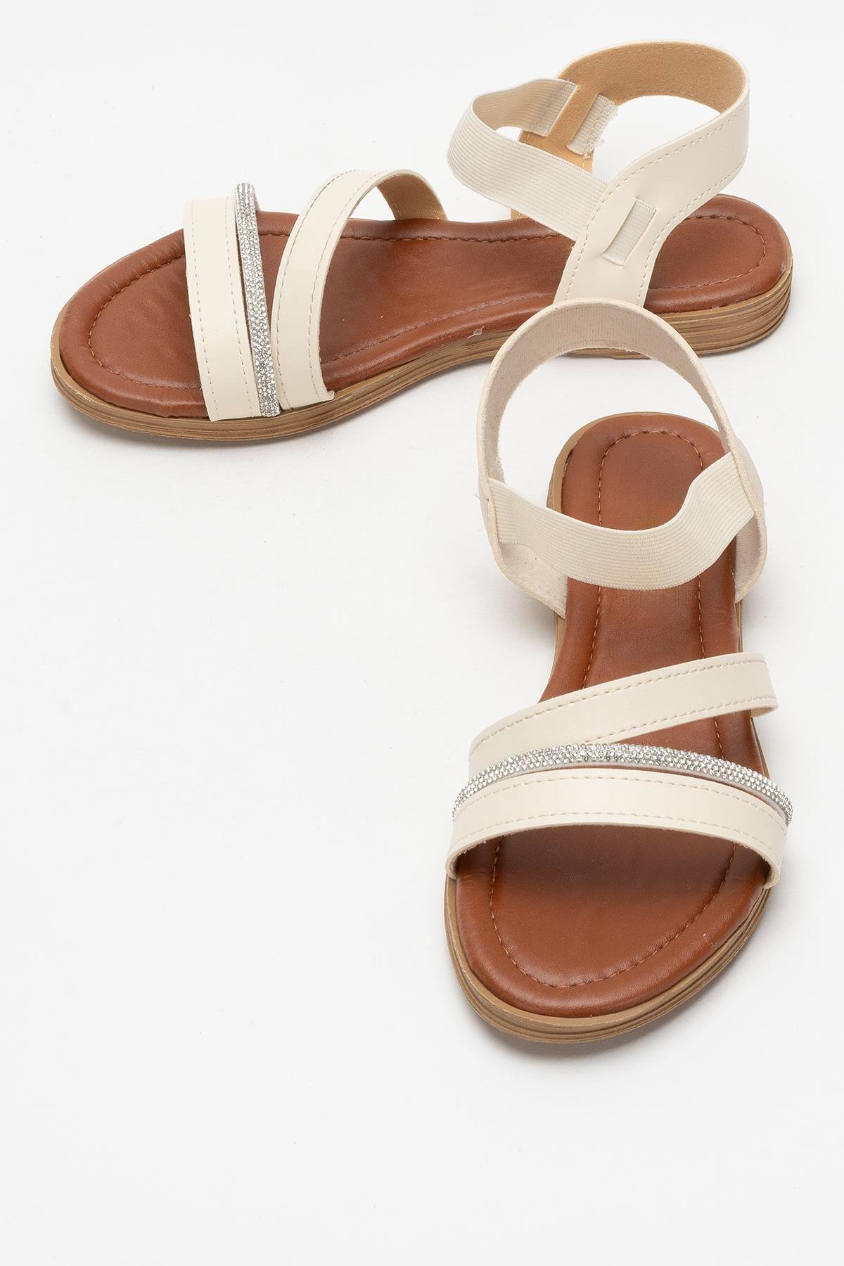 Kadın Taş Bantlı Sandalet Ayakkabı KREM - Görsel 8