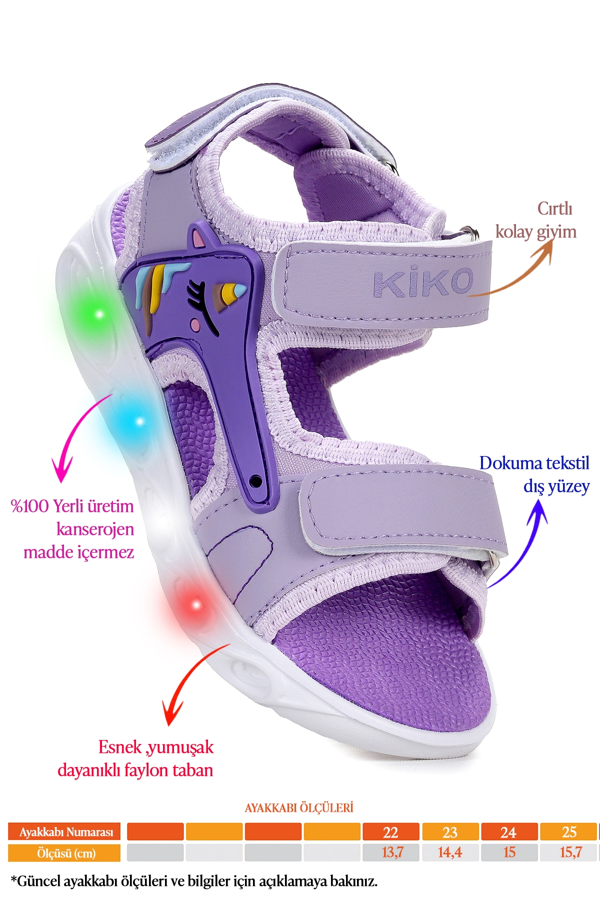 Unicorn Günlük Işıklı Cırtlı Kız Bebek Sandalet Ayakkabı Lila - Görsel 3