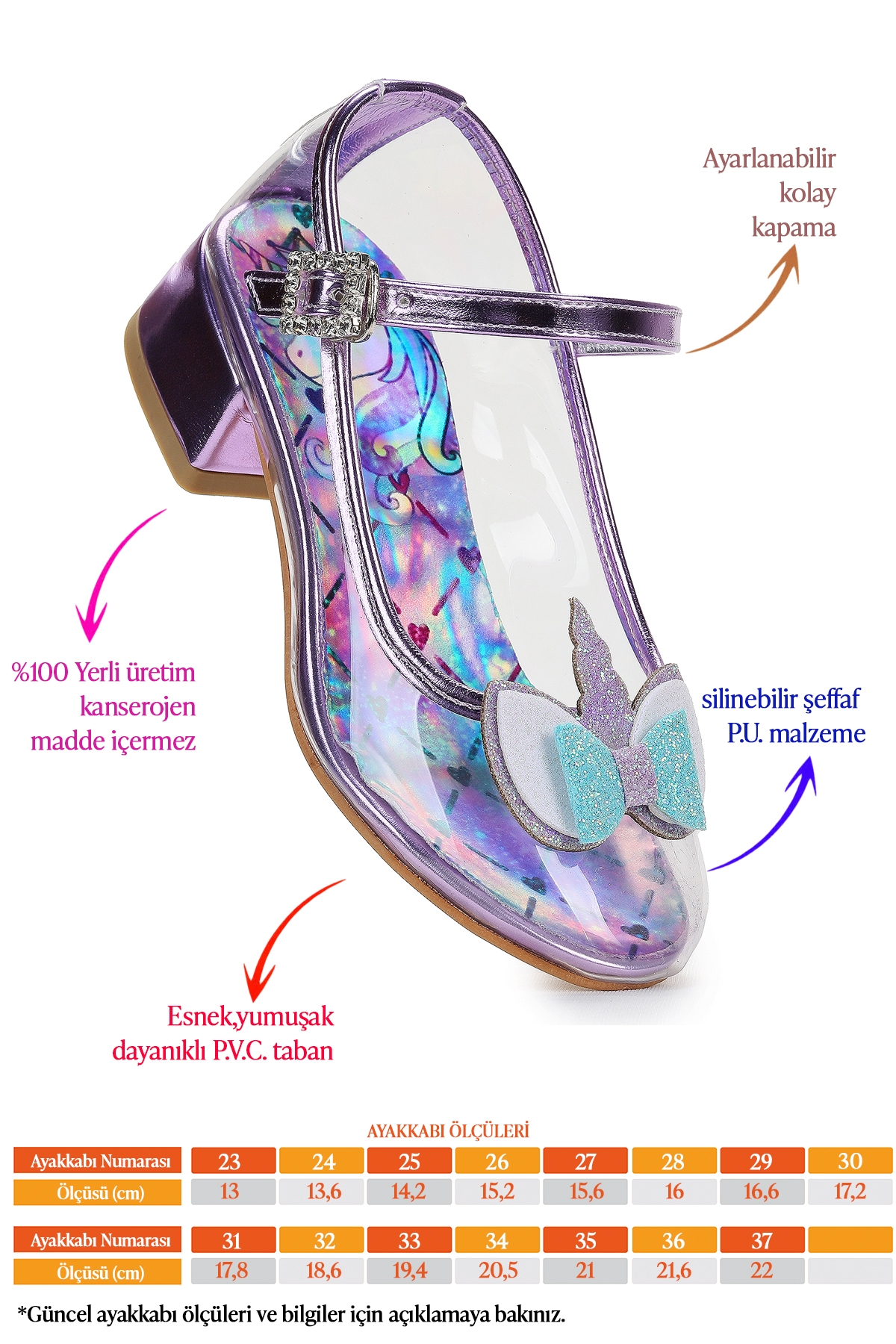 Unicorn Kız Çocuk Topuklu Abiye Şeffaf Ayakkabı Lila - Görsel 3