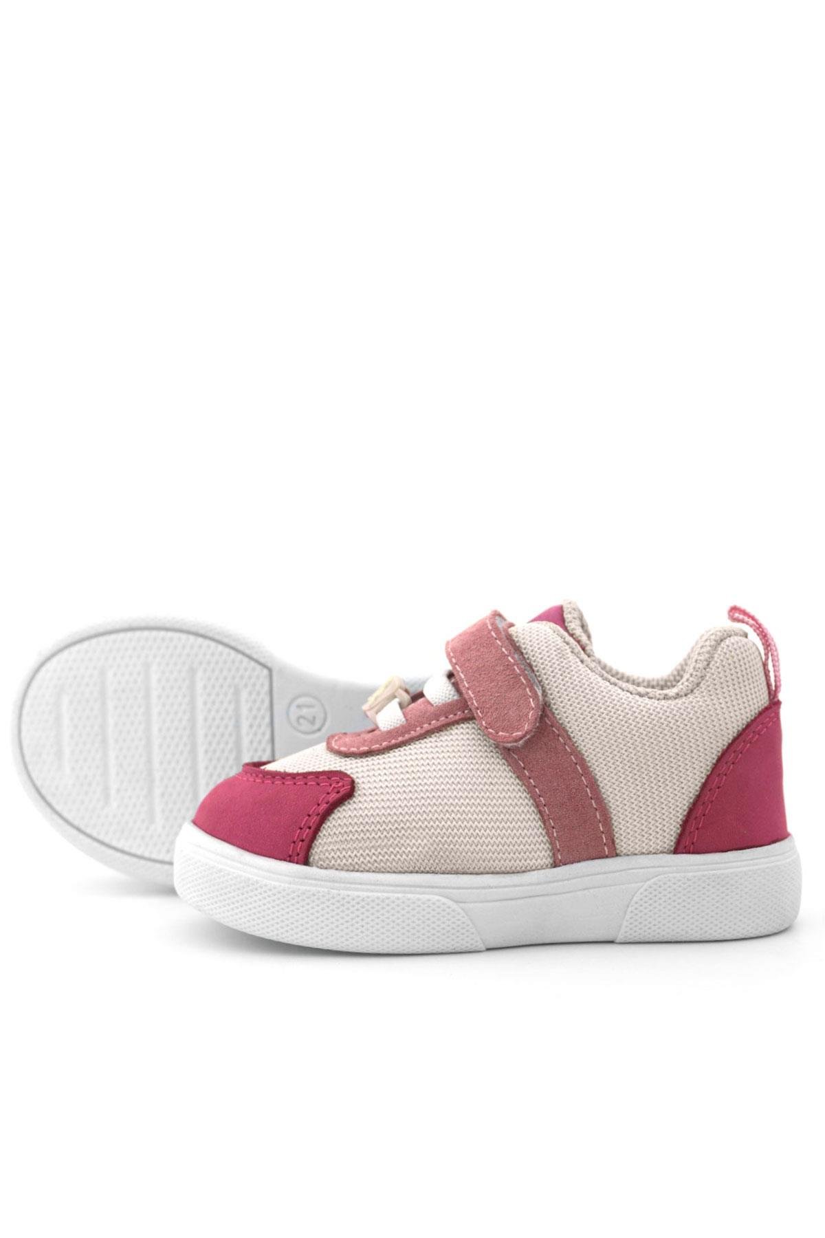Hakiki Deri Pembe Krem Cırtlı Kız Bebek Ayakkabı - Görsel 8