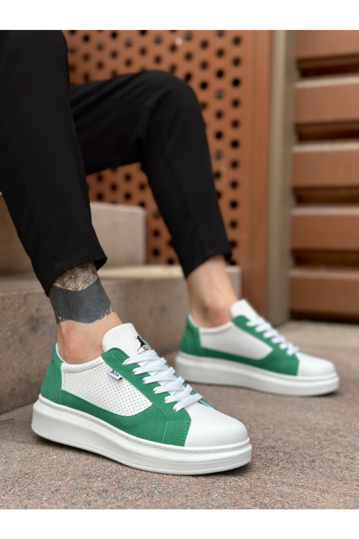 Bağcıklı Yüksek Taban Erkek Spor Ayakkabı BEYAZ YEŞİL (BEYAZ TABAN) - Görsel 2