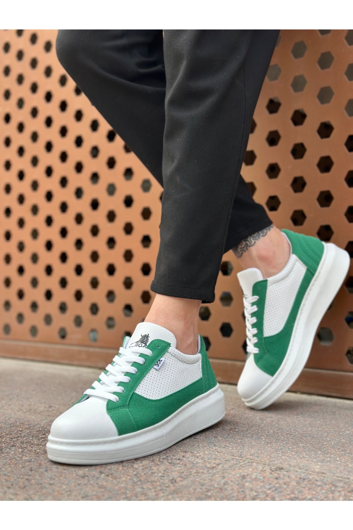 Bağcıklı Yüksek Taban Erkek Spor Ayakkabı BEYAZ YEŞİL (BEYAZ TABAN) - Görsel 3