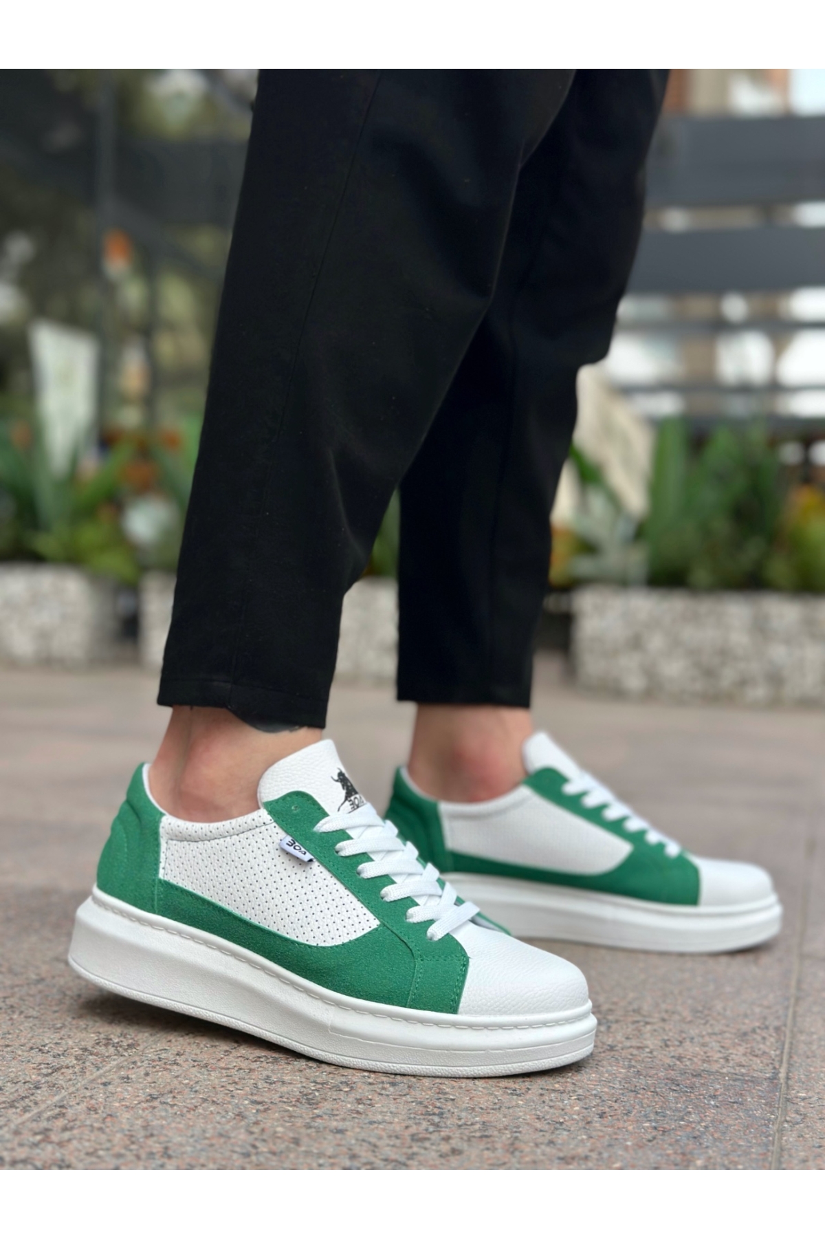 Bağcıklı Yüksek Taban Erkek Spor Ayakkabı BEYAZ YEŞİL (BEYAZ TABAN) - Görsel 4