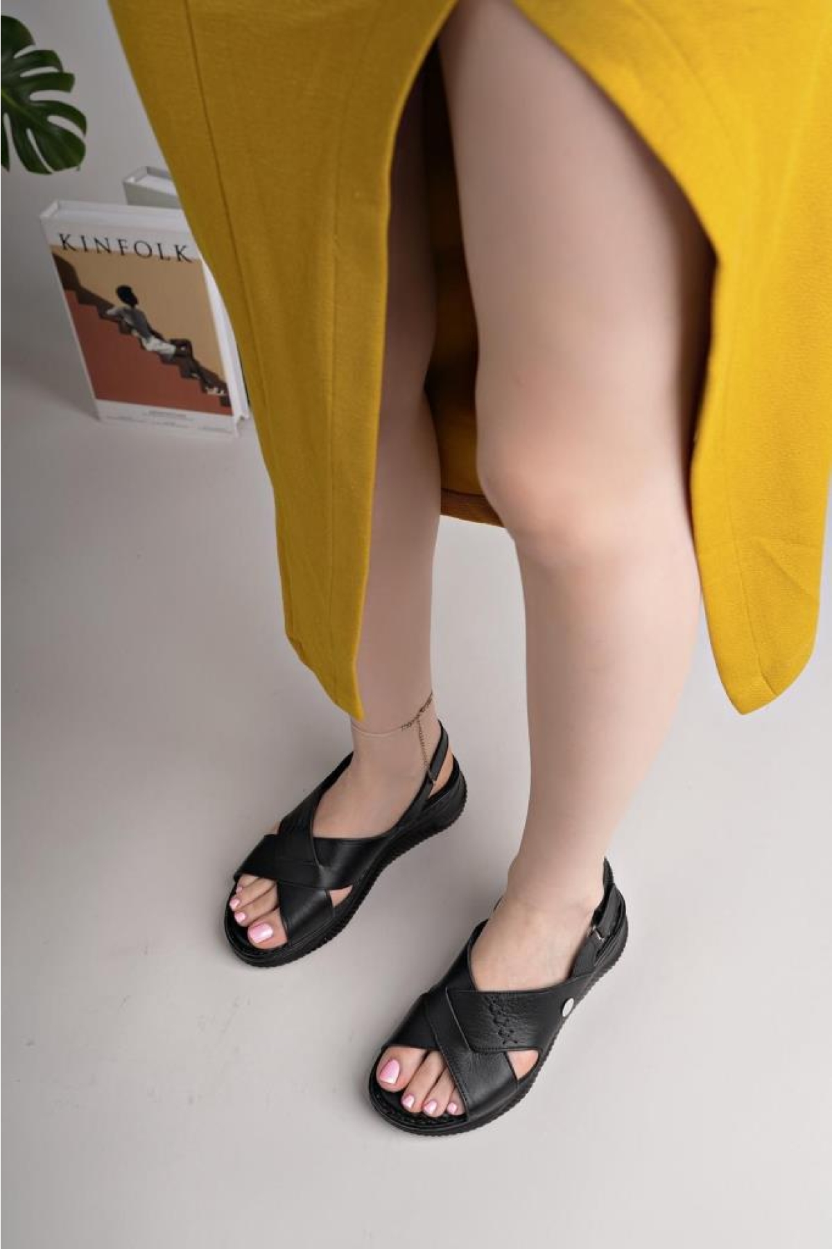 D25ys 2855 Hakiki Deri Kadın Sandalet - Görsel 4