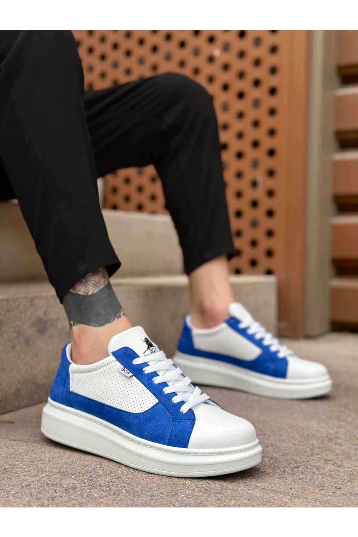 Bağcıklı Yüksek Taban Erkek Spor Ayakkabı BEYAZ MAVİ (BEYAZ TABAN) - Görsel 2