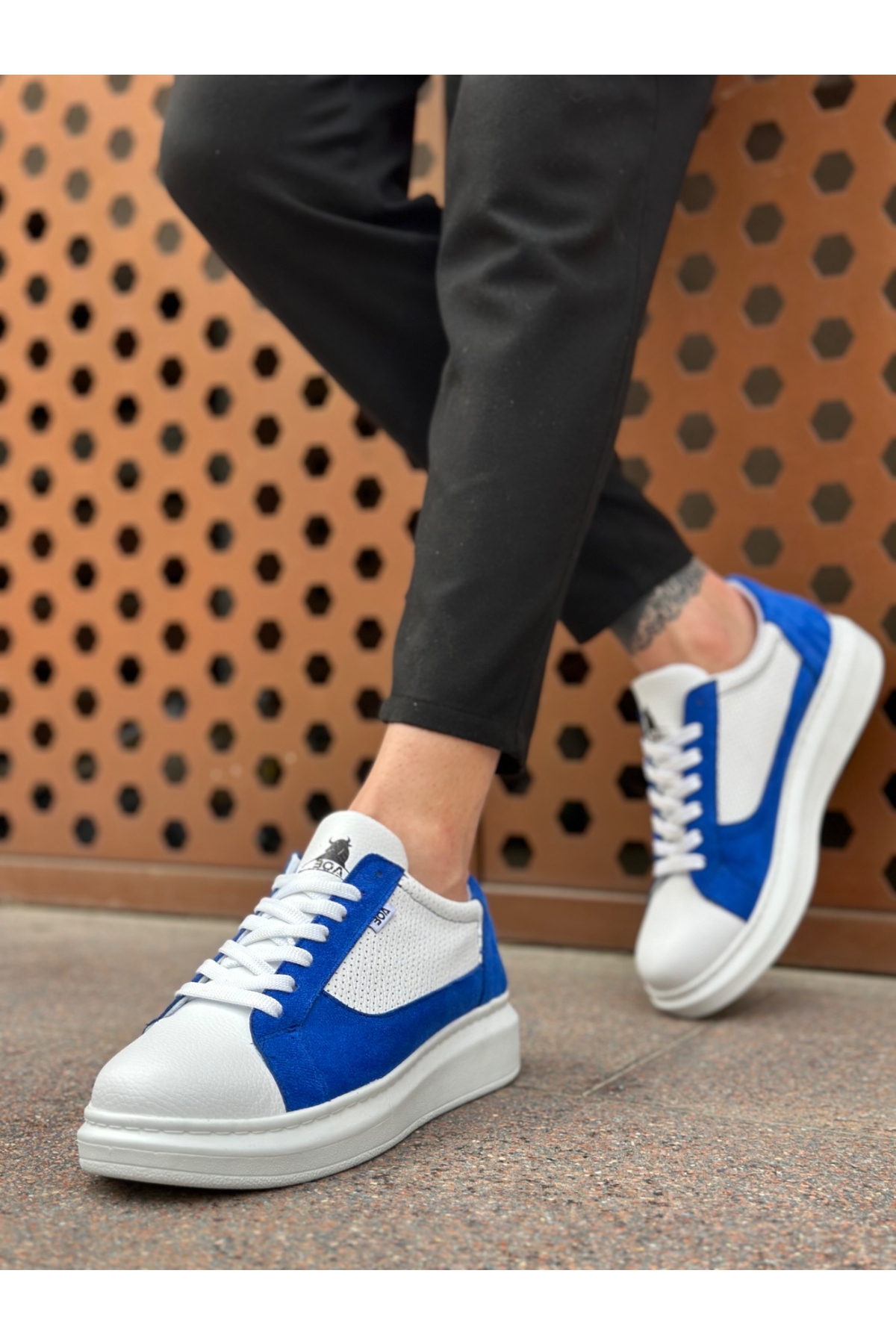 Bağcıklı Yüksek Taban Erkek Spor Ayakkabı BEYAZ MAVİ (BEYAZ TABAN) - Görsel 3