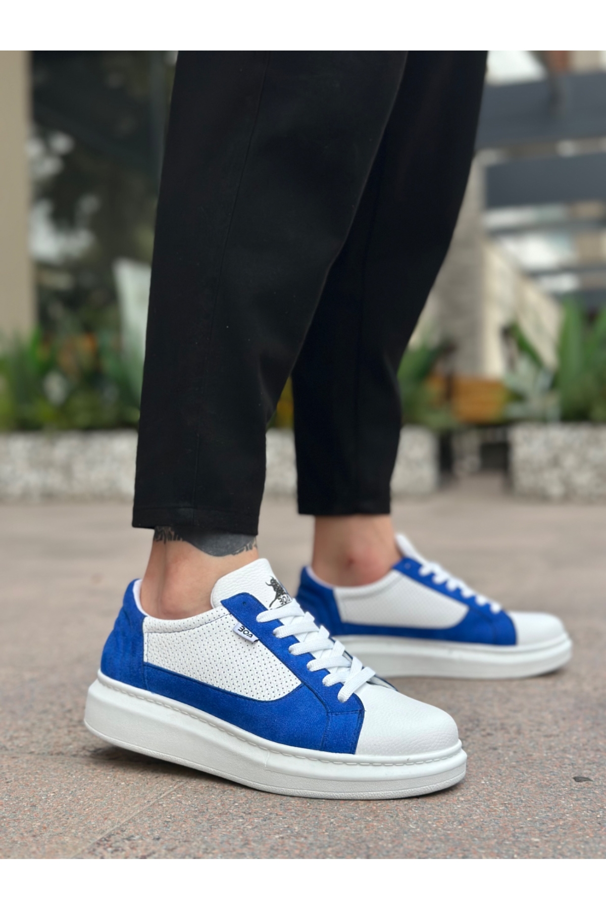 Bağcıklı Yüksek Taban Erkek Spor Ayakkabı BEYAZ MAVİ (BEYAZ TABAN) - Görsel 4