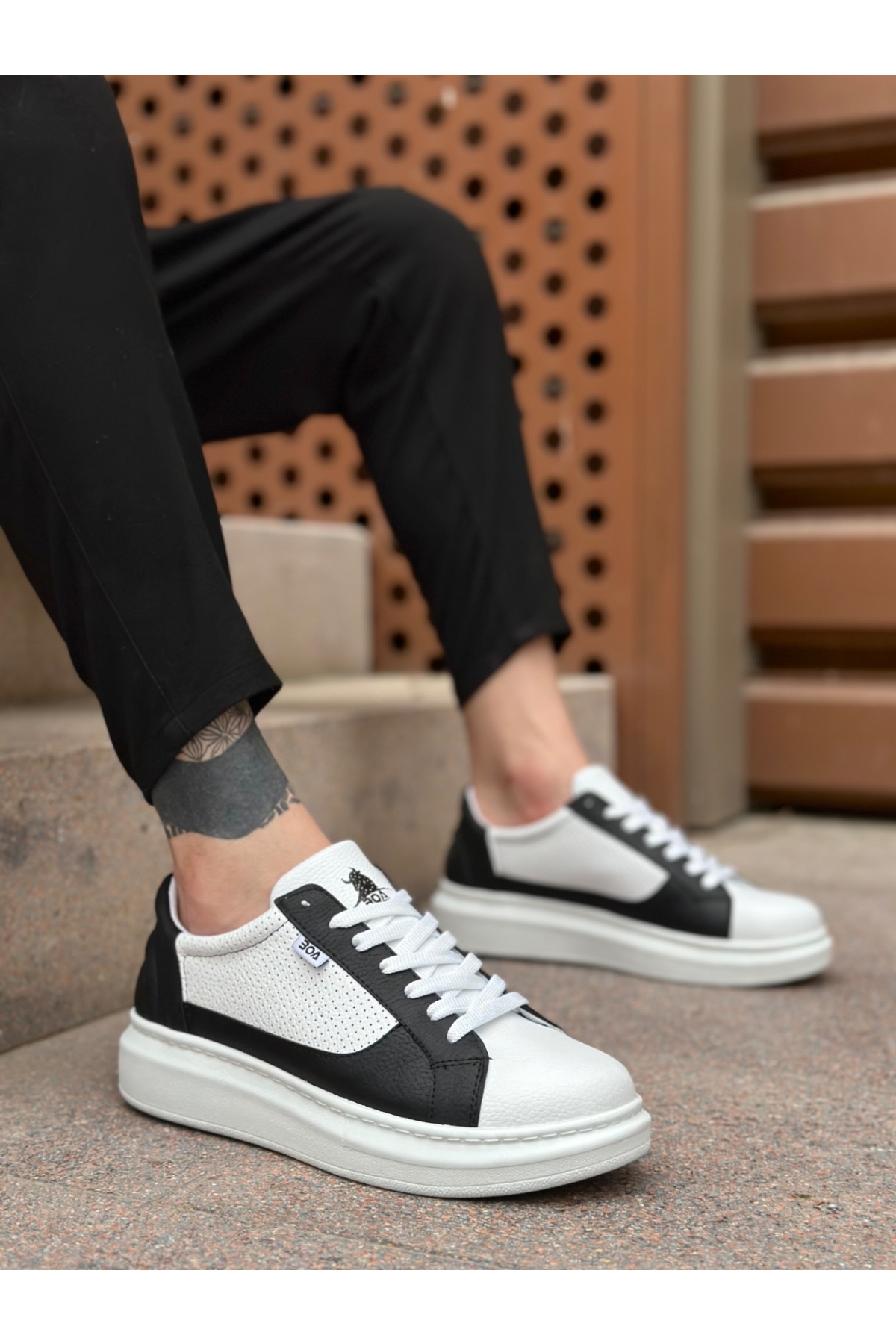 Bağcıklı Yüksek Taban Erkek Spor Ayakkabı BEYAZ SİYAH (BEYAZ TABAN) - Görsel 2