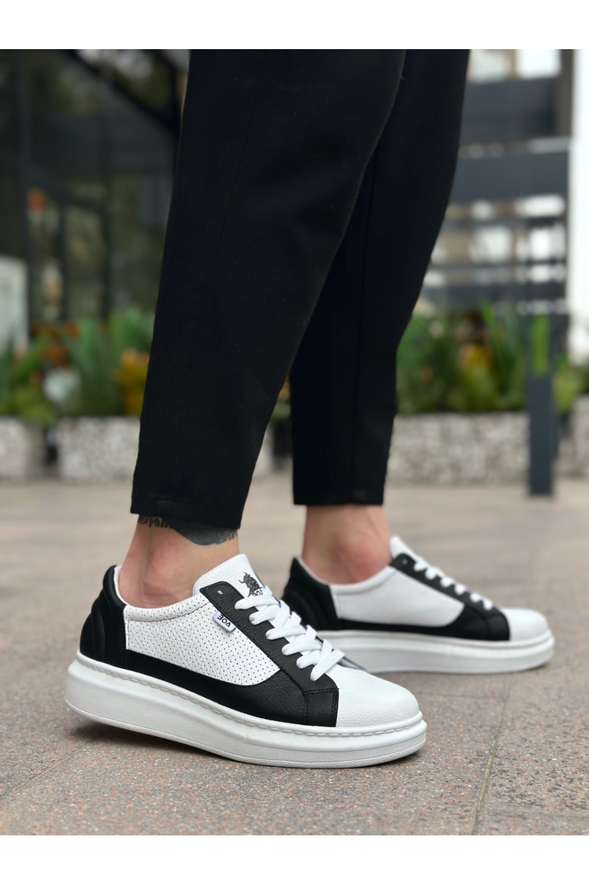 Bağcıklı Yüksek Taban Erkek Spor Ayakkabı BEYAZ SİYAH (BEYAZ TABAN) - Görsel 4