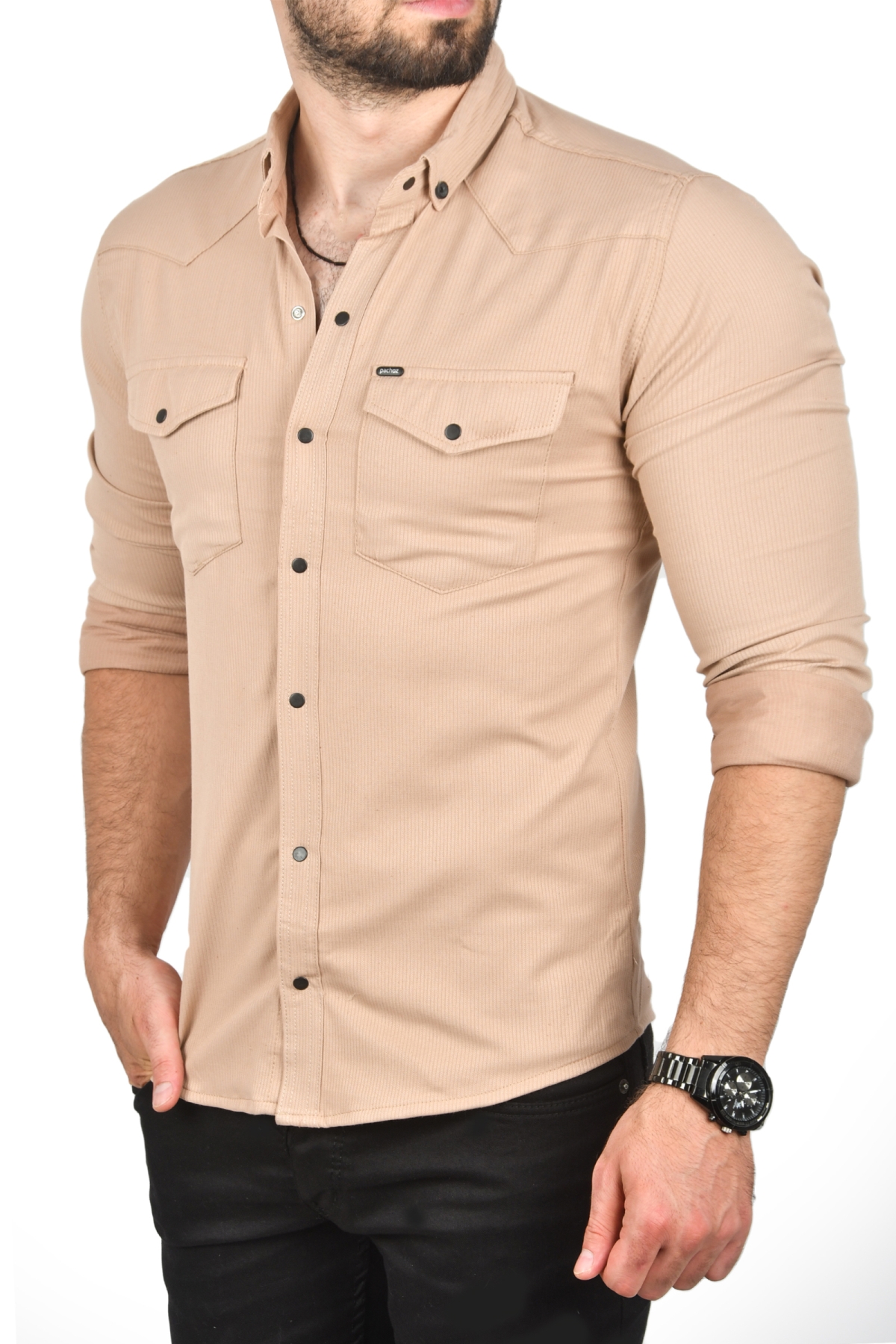 DeepSEA Erkek Kahve Slim Fit Dar Kesim Pamuklu Spor Gömlek