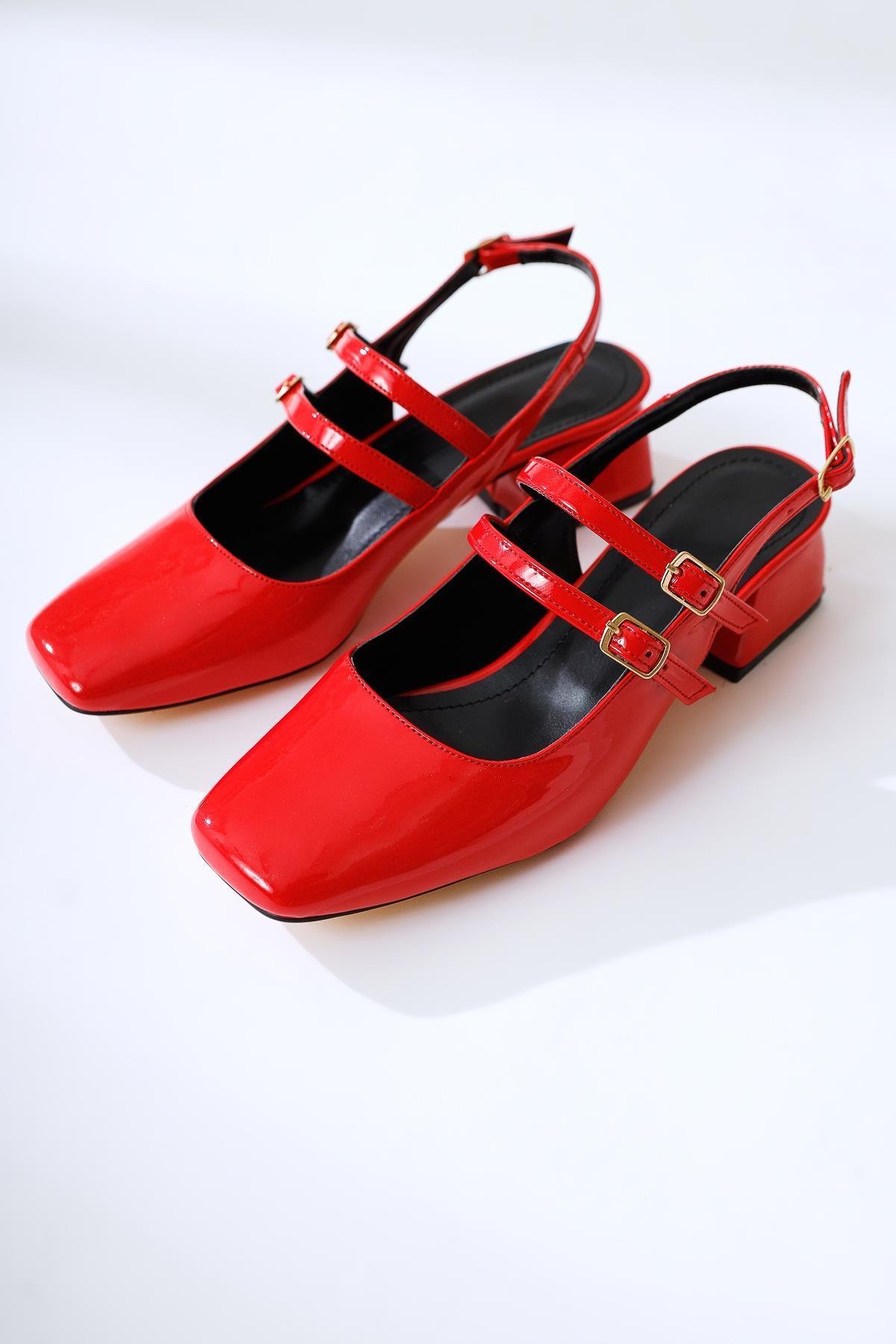 Kırmızı Rugan Çift Bantlı Kısa Kadın Topuklu Günlük Ayakkabı - Görsel 7