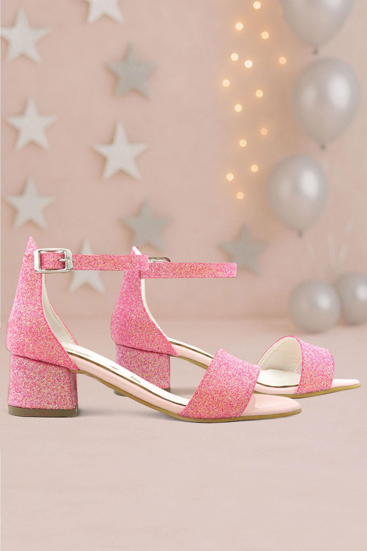 Lilo Simli Fuşya Pembe Tek Bantlı Kız Çocuk Topuklu Abiye Ayakkabı - Görsel 2