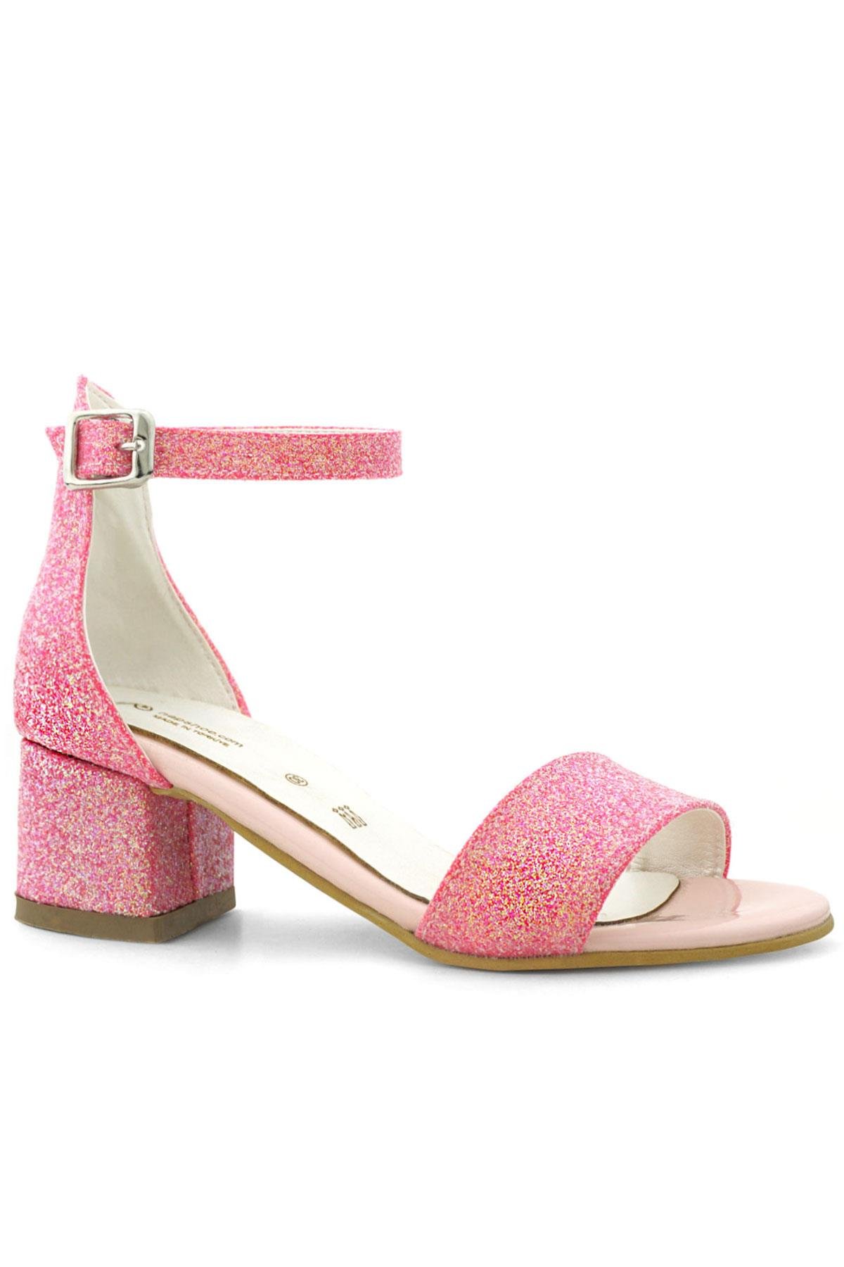 Lilo Simli Fuşya Pembe Tek Bantlı Kız Çocuk Topuklu Abiye Ayakkabı - Görsel 3