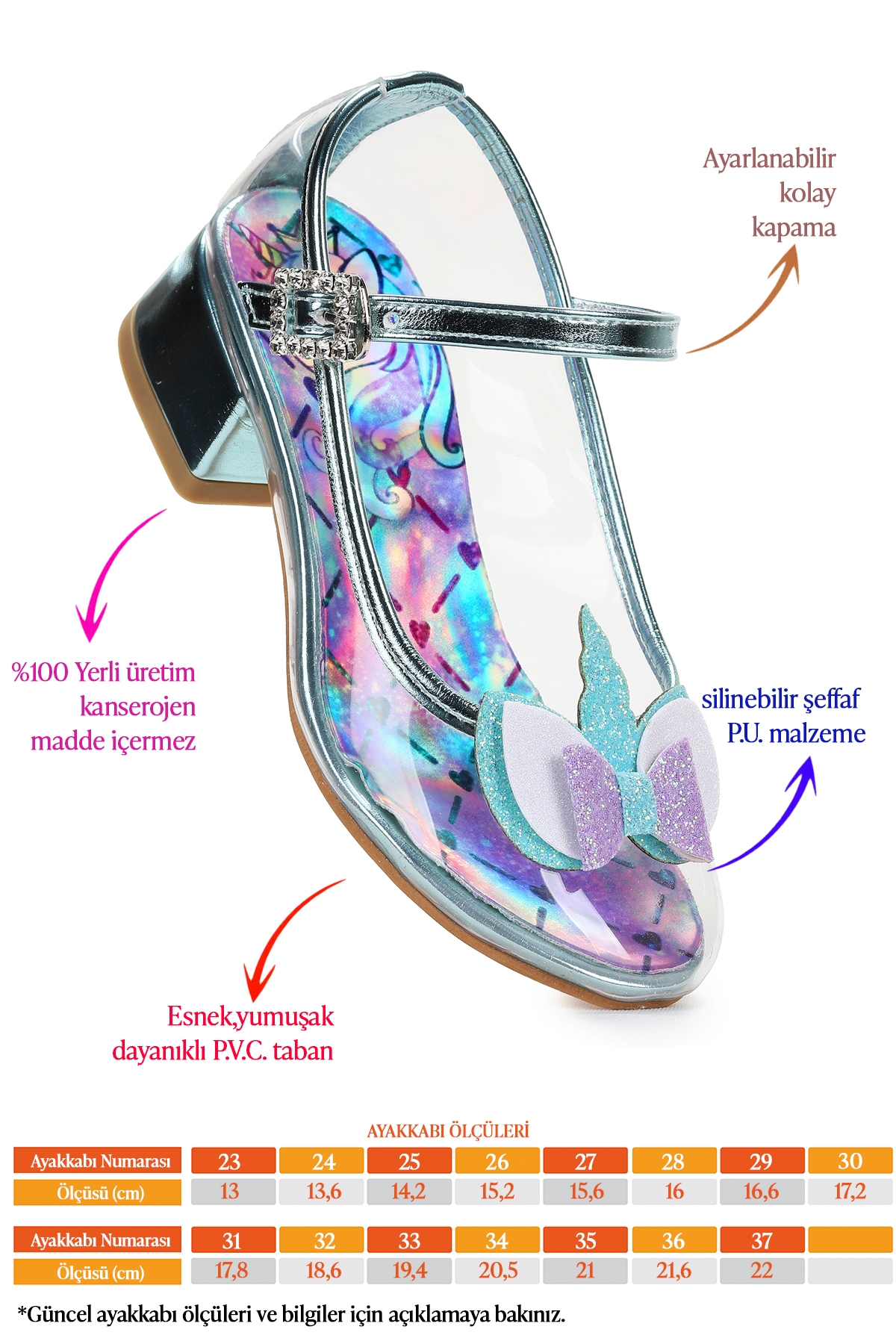 Unicorn Kız Çocuk Topuklu Abiye Şeffaf Ayakkabı Su Yeşili - Görsel 3