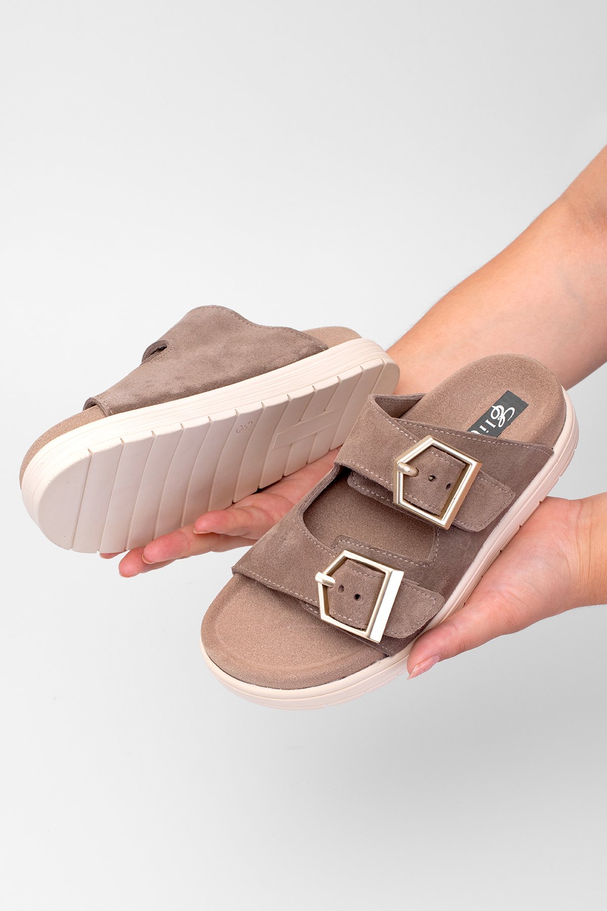 Elit Amoretta Kadın Hakiki Deri Düz Terlik Vizon - Görsel 3