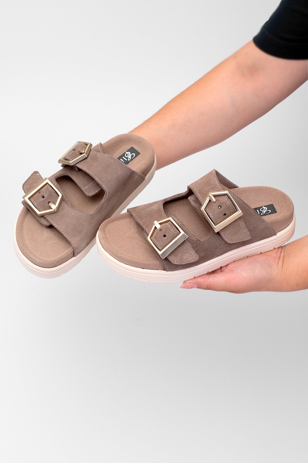 Elit Amoretta Kadın Hakiki Deri Düz Terlik Vizon - Görsel 5