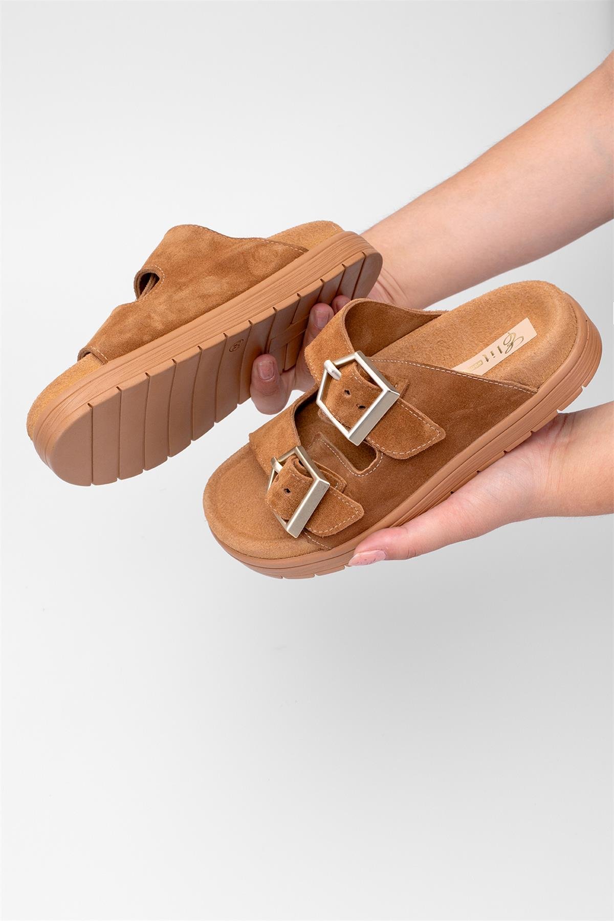 Elit Amoretta Kadın Hakiki Deri Düz Terlik Taba - Görsel 5