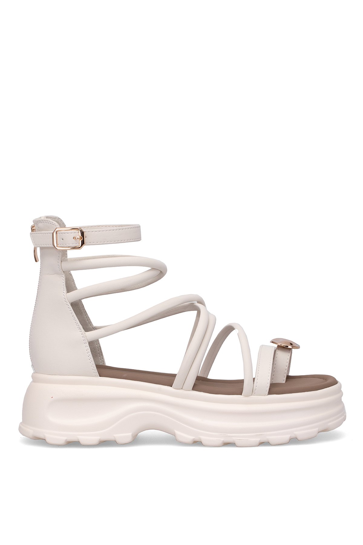 B119 Kadın Hakiki Deri Düz Sandalet Krem - Görsel 2