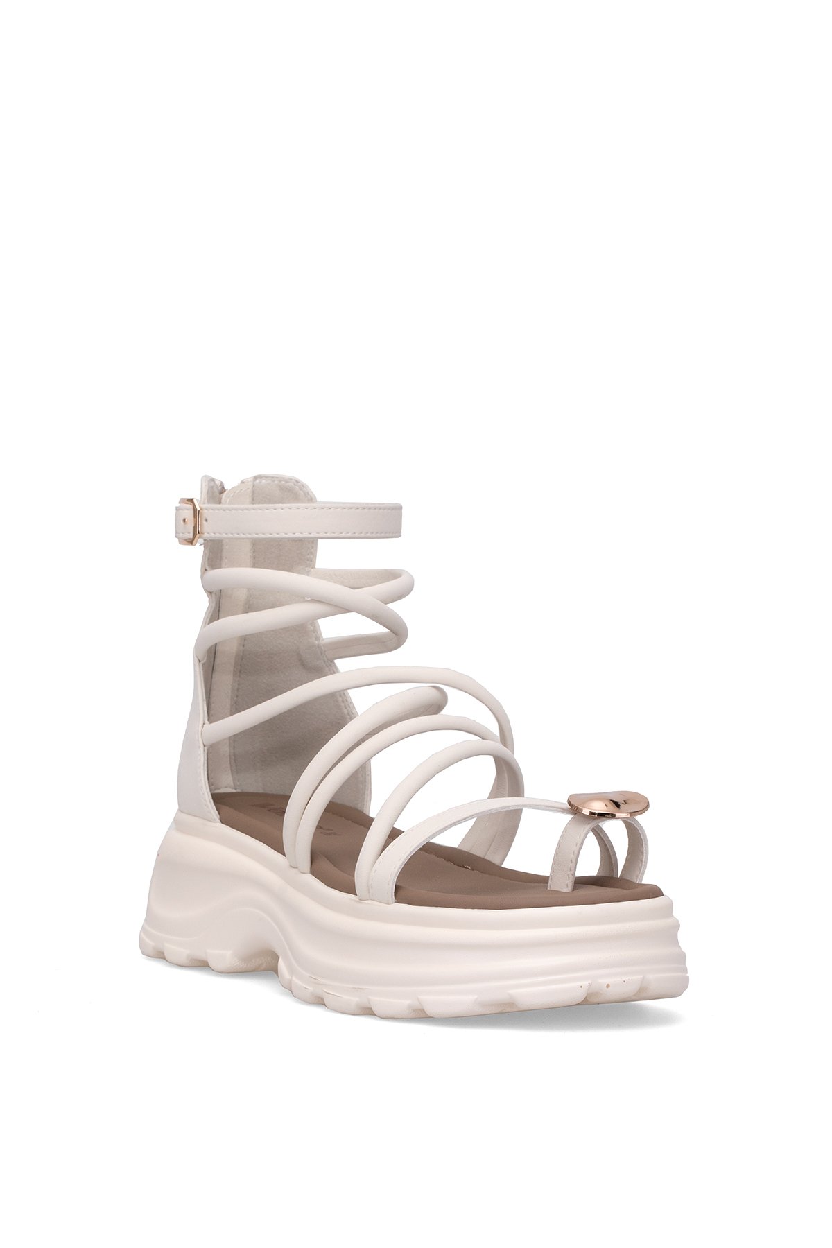 B119 Kadın Hakiki Deri Düz Sandalet Krem - Görsel 3