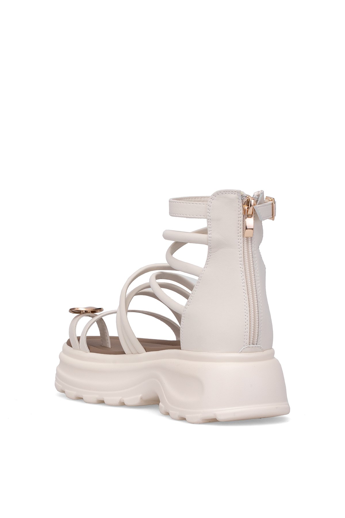 B119 Kadın Hakiki Deri Düz Sandalet Krem - Görsel 5