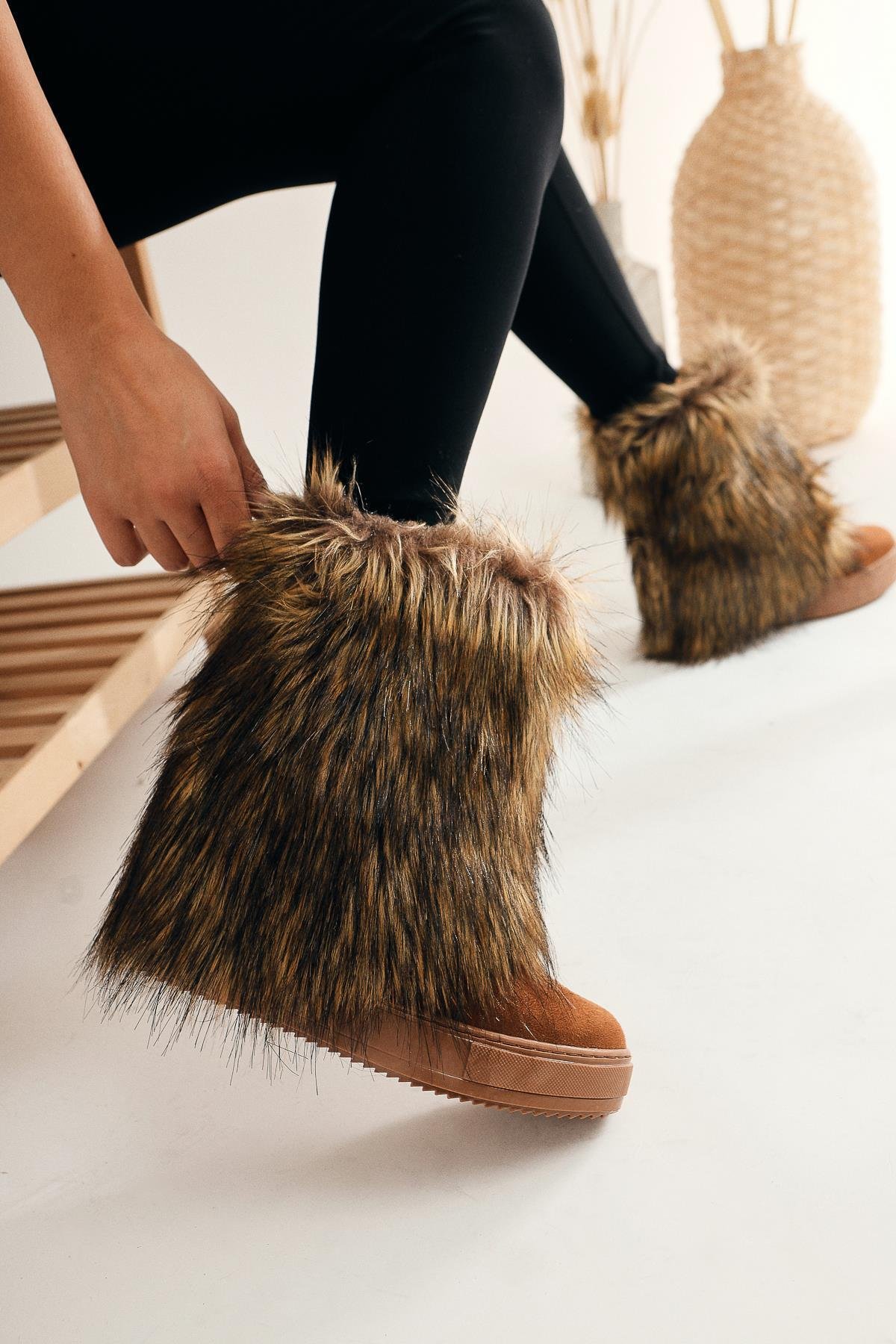 Taba Süet Gizli Topuklu Tüylü Kadın Bot - Görsel 2