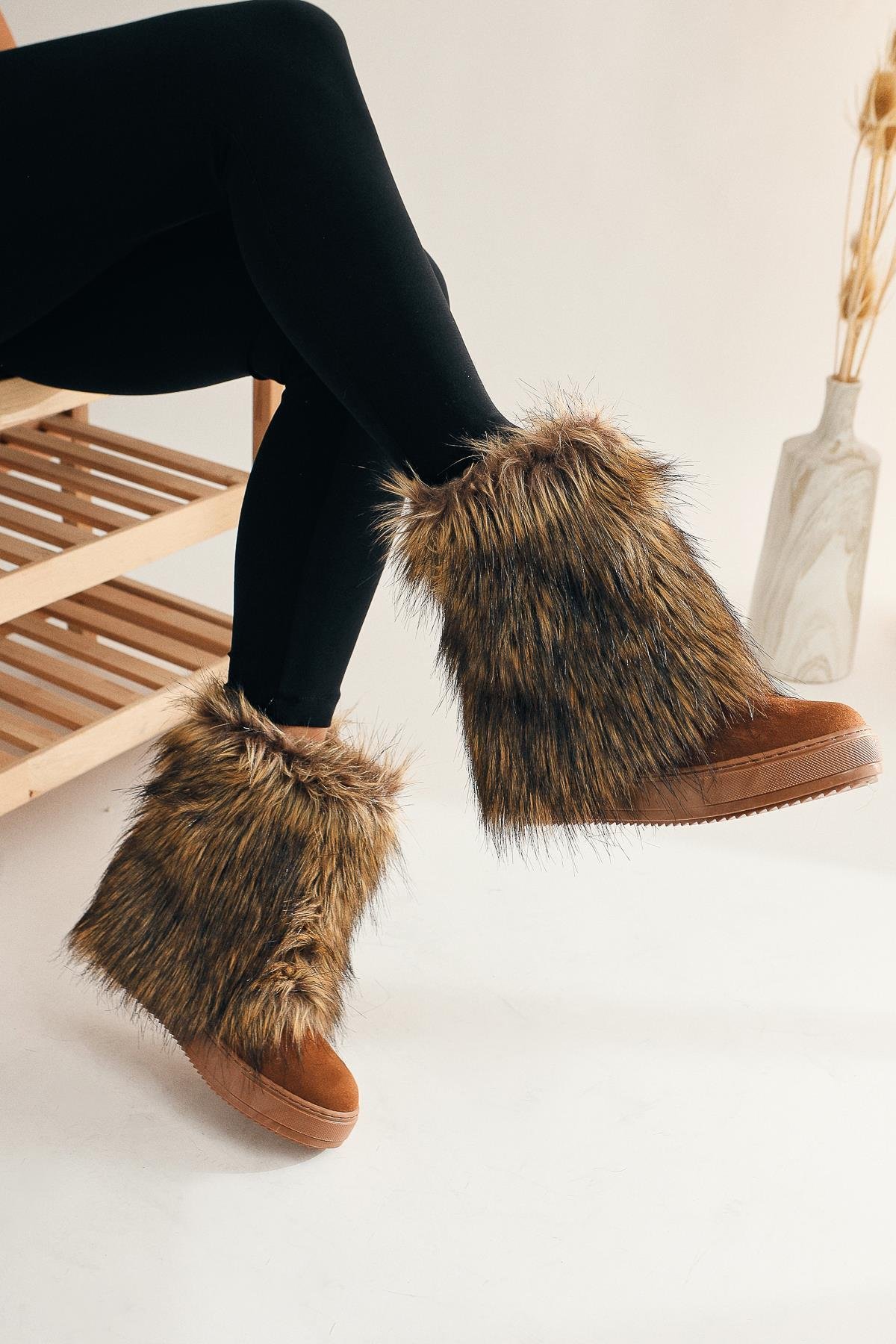 Taba Süet Gizli Topuklu Tüylü Kadın Bot - Görsel 3