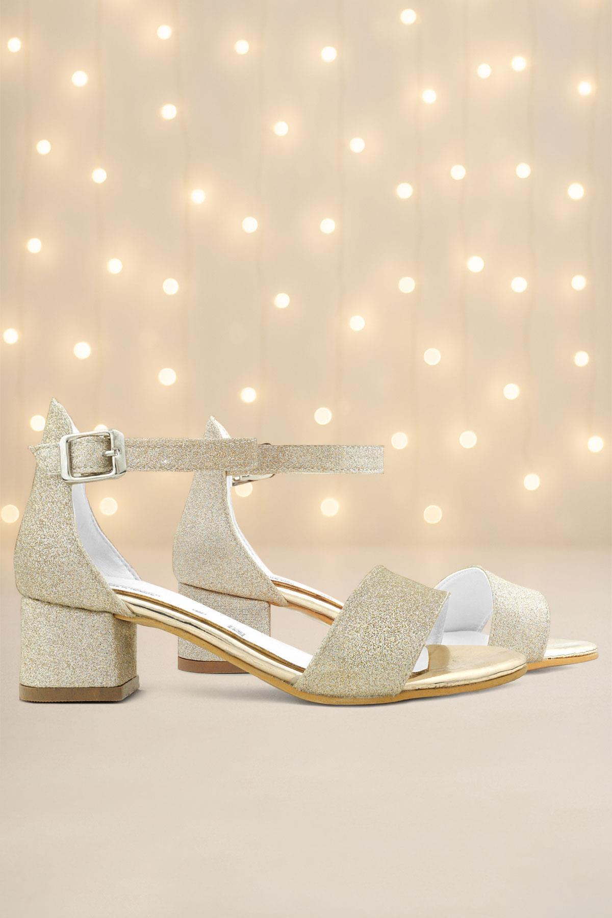 Lilo Simli Altın Tek Bantlı Kız Çocuk Topuklu Abiye Ayakkabı - Görsel 3