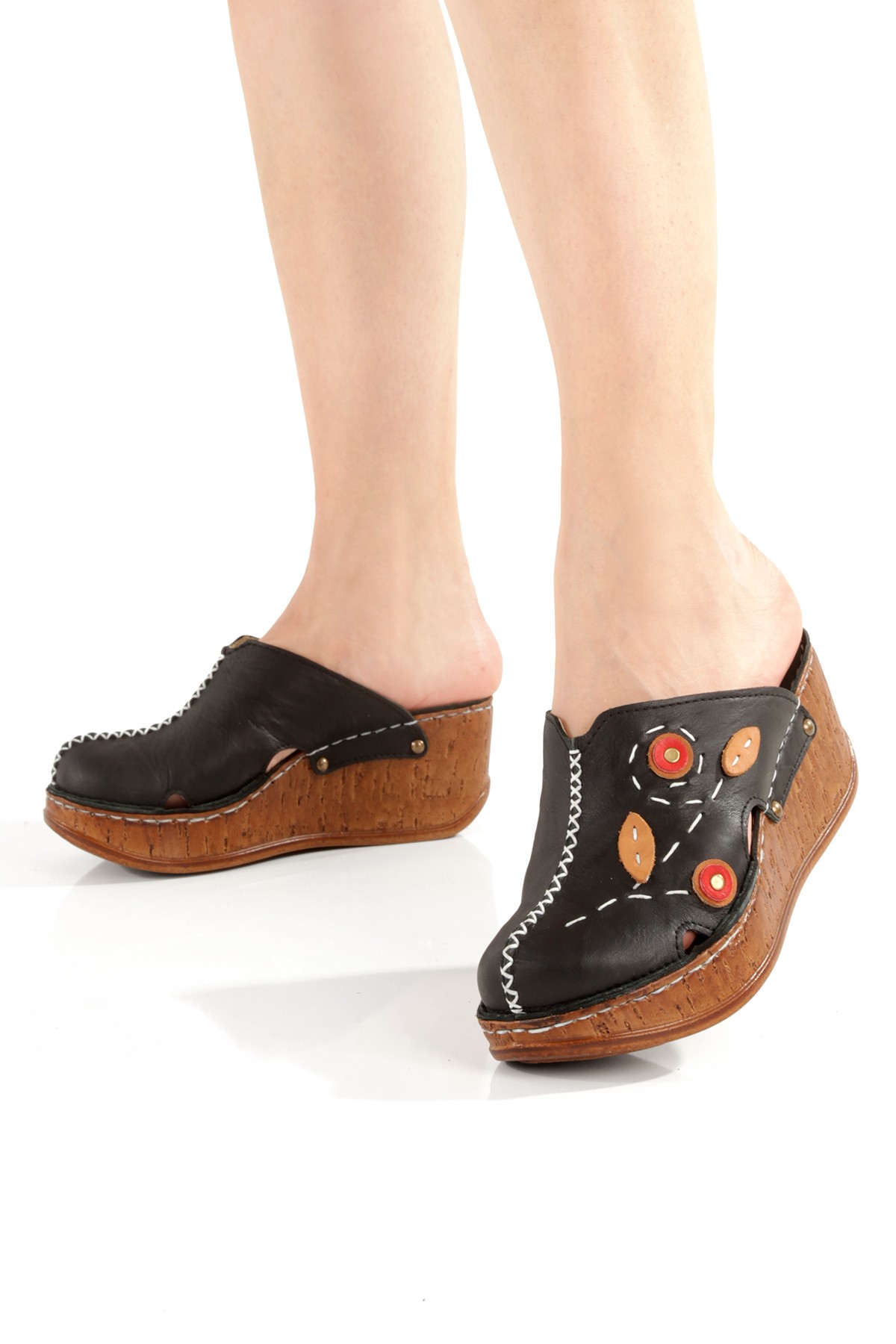 Toney Siyah Hakiki Deri Dolgu Topuklu Önü Kapalı Terlik - Görsel 5