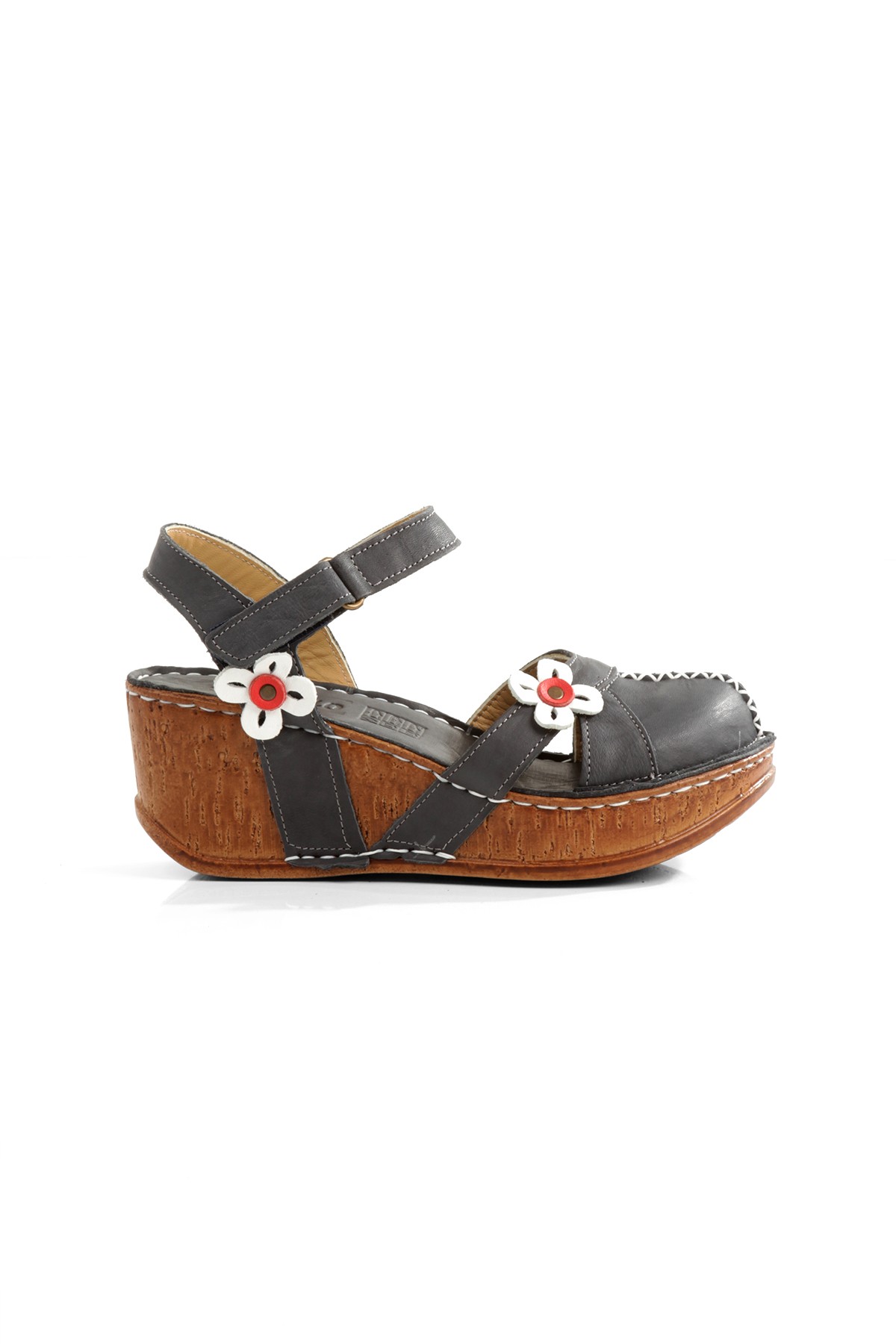 Leyat Siyah Hakiki Deri Önü Kapalı Sandalet Dolgu Topuklu Yazlık Ayakkabı - Görsel 5