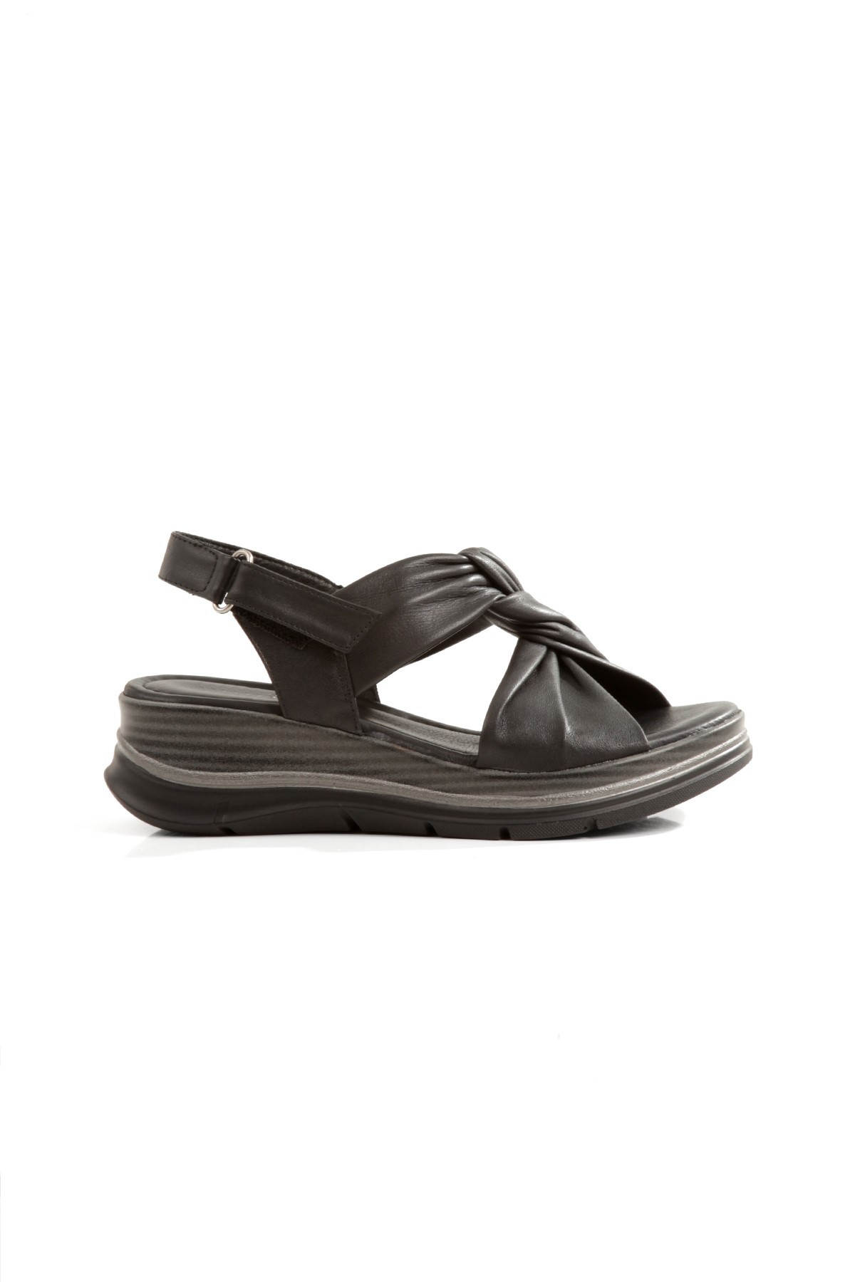 Linyas Siyah Hakiki Deri Yazlık Sandalet Dolgu Topuklu Cırtlı Ayakkabı - Görsel 6