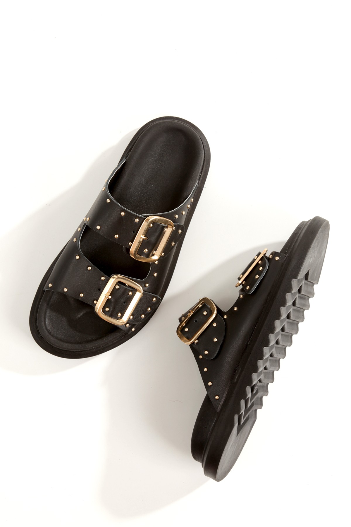 Zaris Siyah Hakiki Deri Çift Toka ve Altın Zımbalı Kadın Terlik - Görsel 4