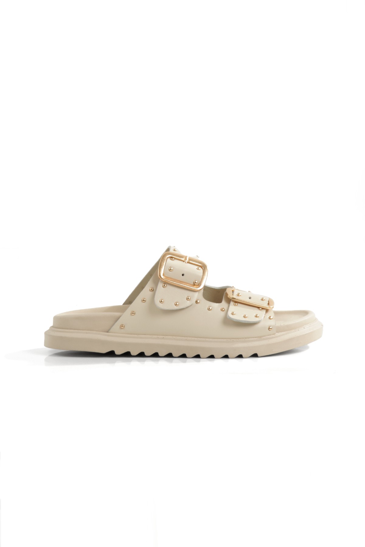 Zaris Bej Rengi Hakiki Deri Çift Toka ve Altın Zımbalı Kadın Terlik - Görsel 5