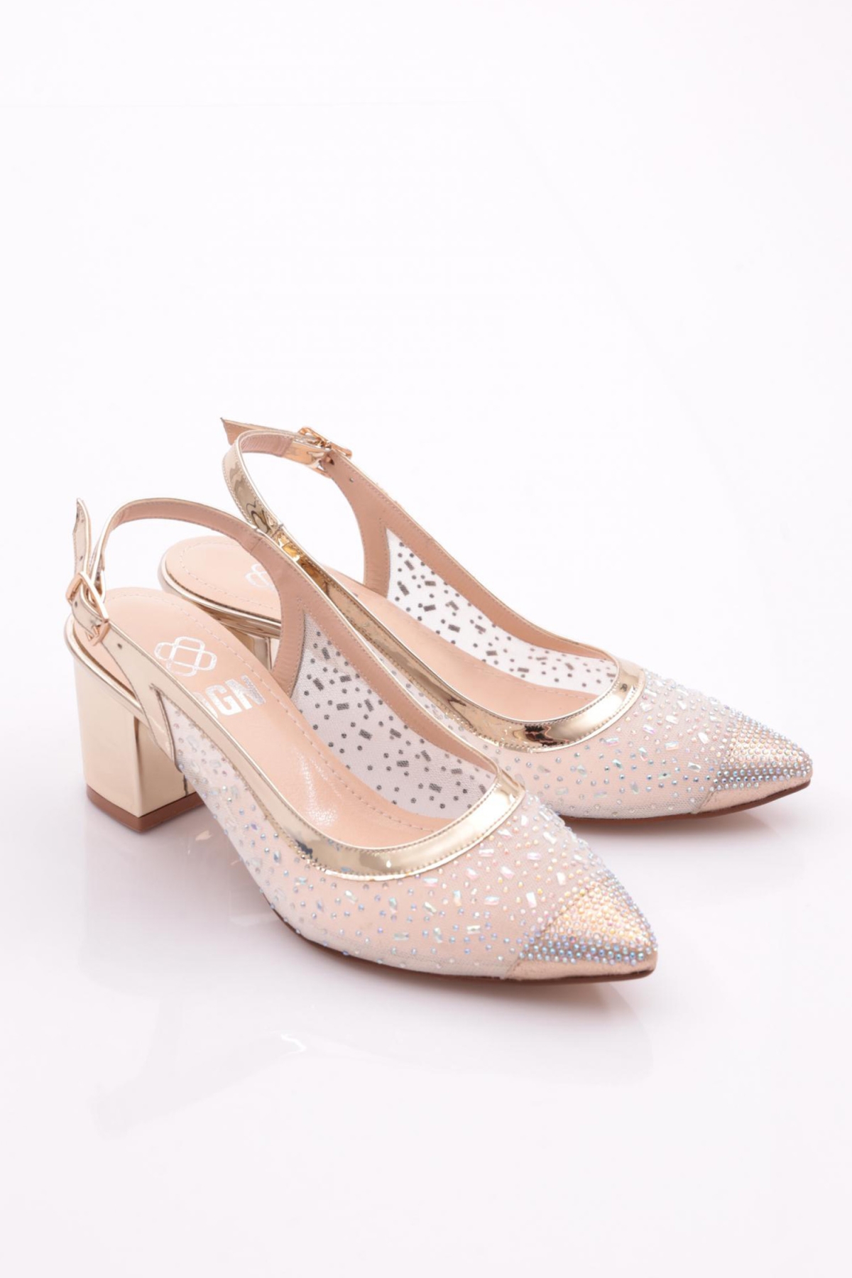 K145 Kadin Sivri Burun Yanlari Transparan Arkasi Kemerli Küt Topuklu Ayakkabi - Görsel 3