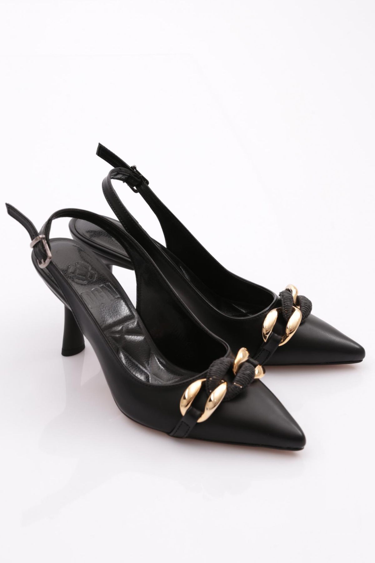 4141 Kadin Önü Kalin Zincir Desenli Topuklu Ayakkabi - Görsel 3