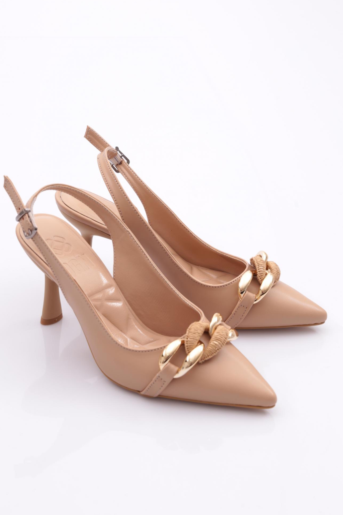 4141 Kadin Önü Kalin Zincir Desenli Topuklu Ayakkabi - Görsel 3