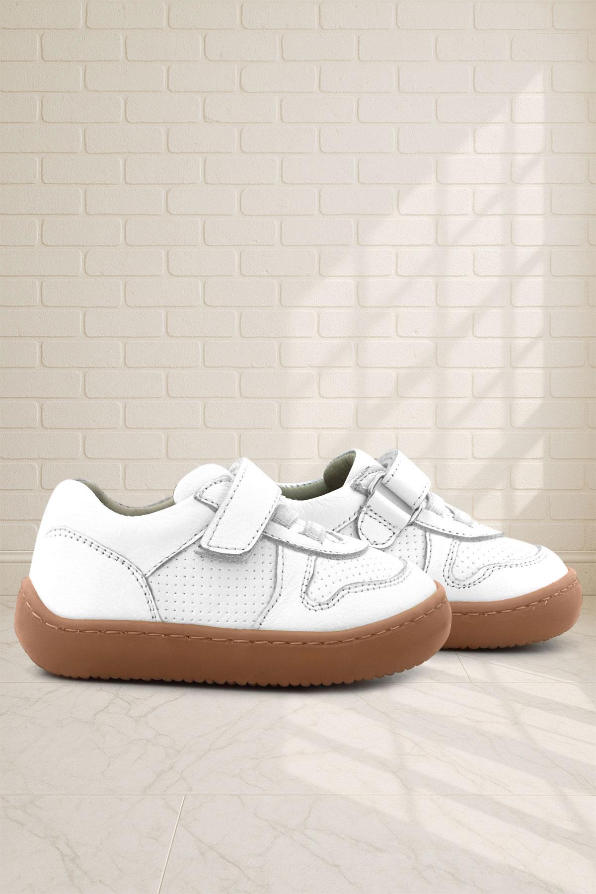 Bob Hakiki Deri Beyaz Barefoot Cırtlı Lastikli Bebek Sneaker Ayakkabı - Görsel 5