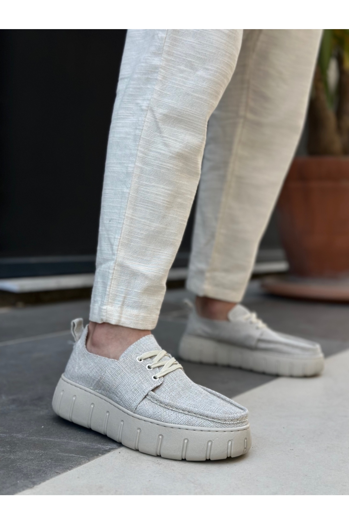 Bağcıklı Keten Erkek Günlük Ayakkabı KREM (KREM TABAN) - Görsel 2