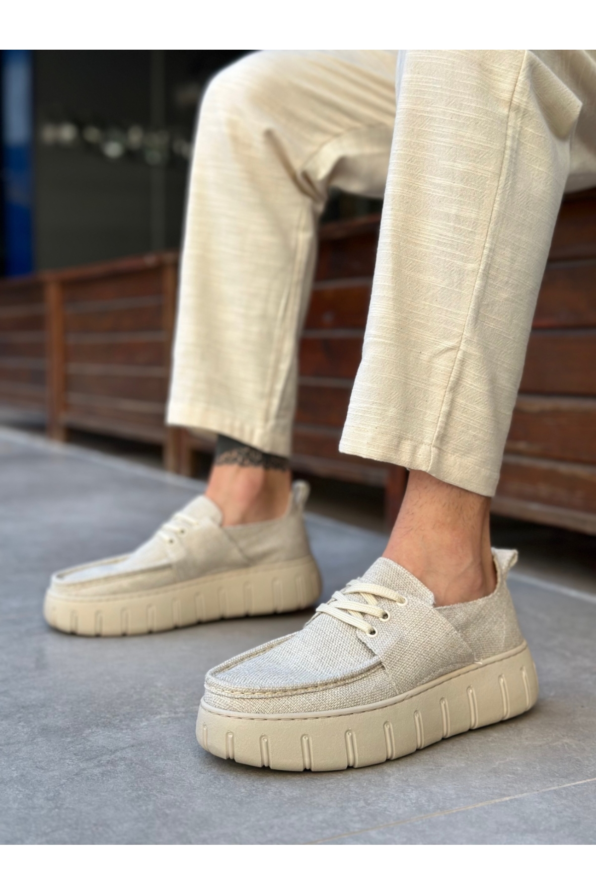 Bağcıklı Keten Erkek Günlük Ayakkabı KREM (KREM TABAN) - Görsel 3