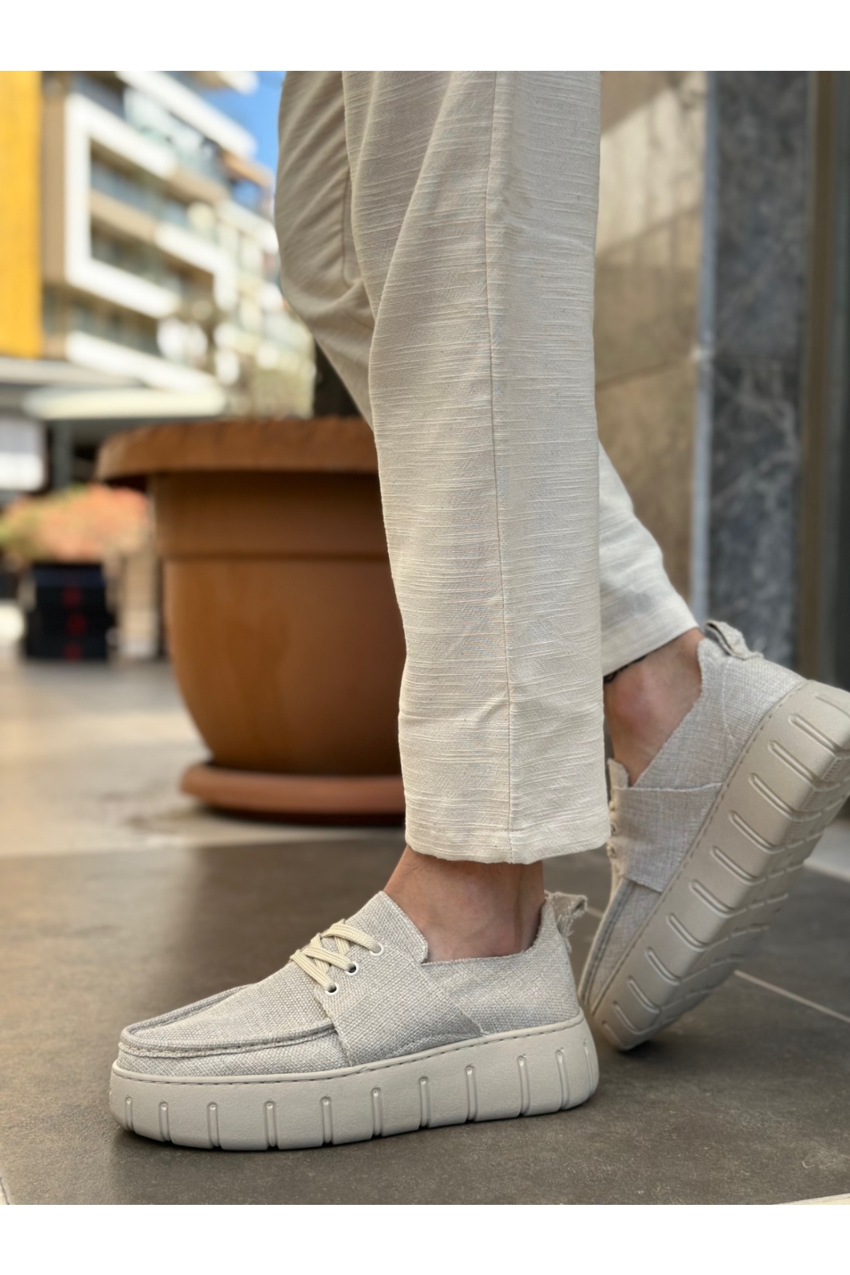 Bağcıklı Keten Erkek Günlük Ayakkabı KREM (KREM TABAN) - Görsel 4