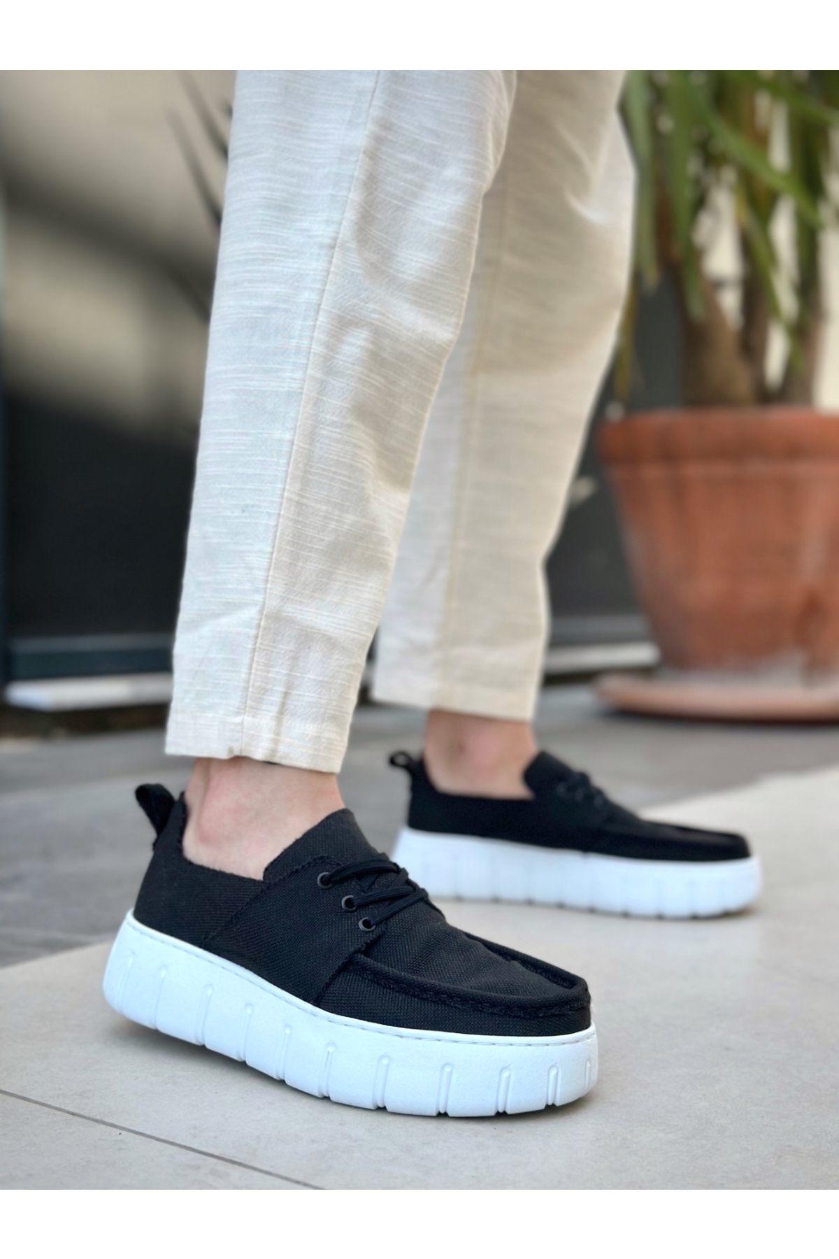 Bağcıklı Keten Erkek Günlük Ayakkabı SİYAH (BEYAZ TABAN) - Görsel 2