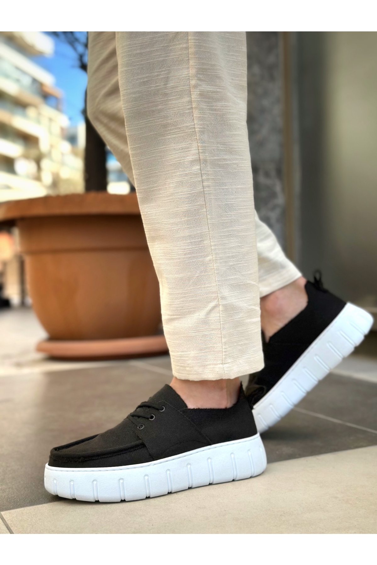 Bağcıklı Keten Erkek Günlük Ayakkabı SİYAH (BEYAZ TABAN) - Görsel 3
